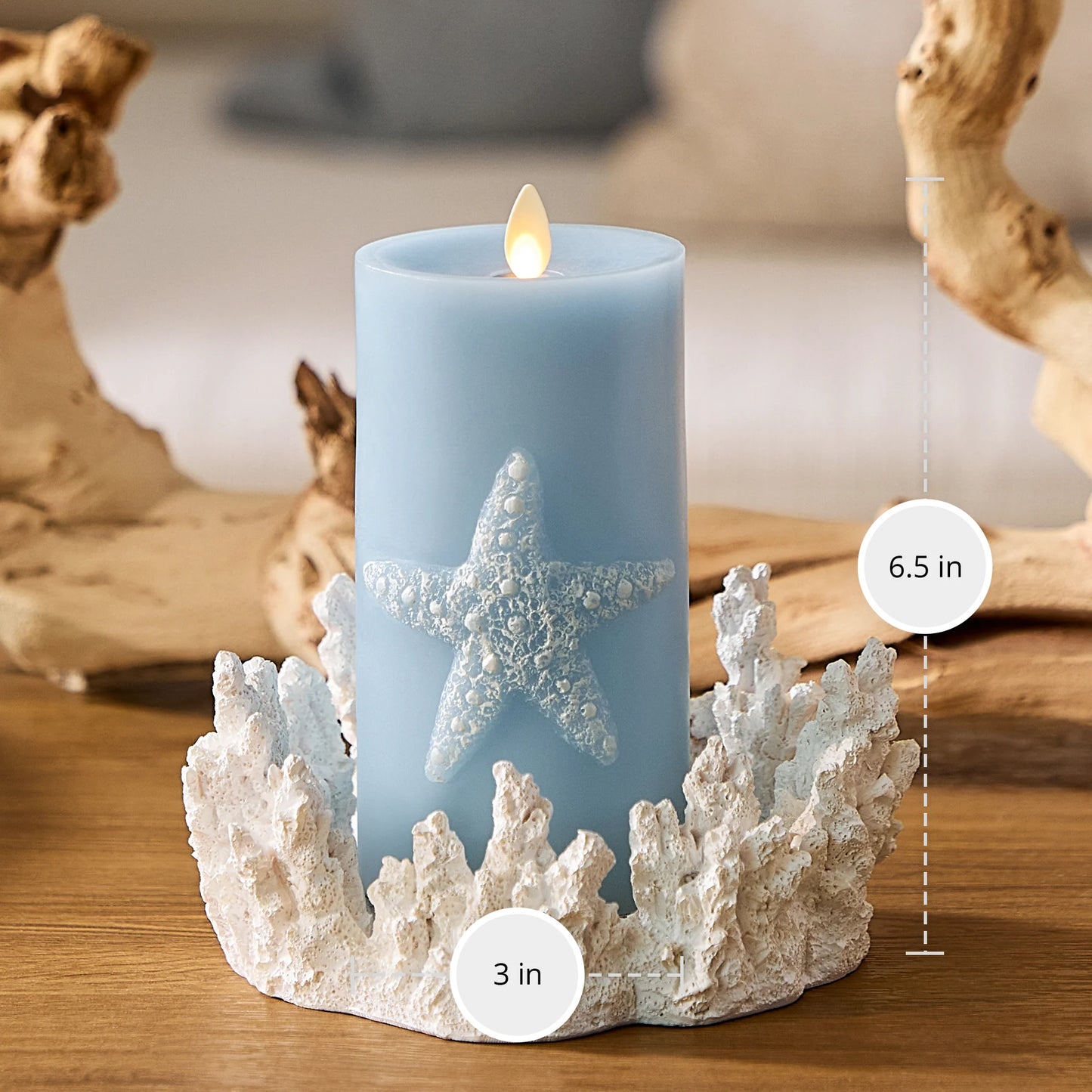 Soft Chambray Embossed Starfish Flameless Candle Pillar