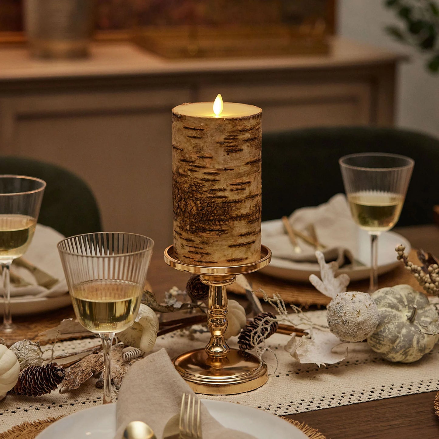 Real Birch Wood Flameless Candle Pillar - Recessed Top - 4" Width