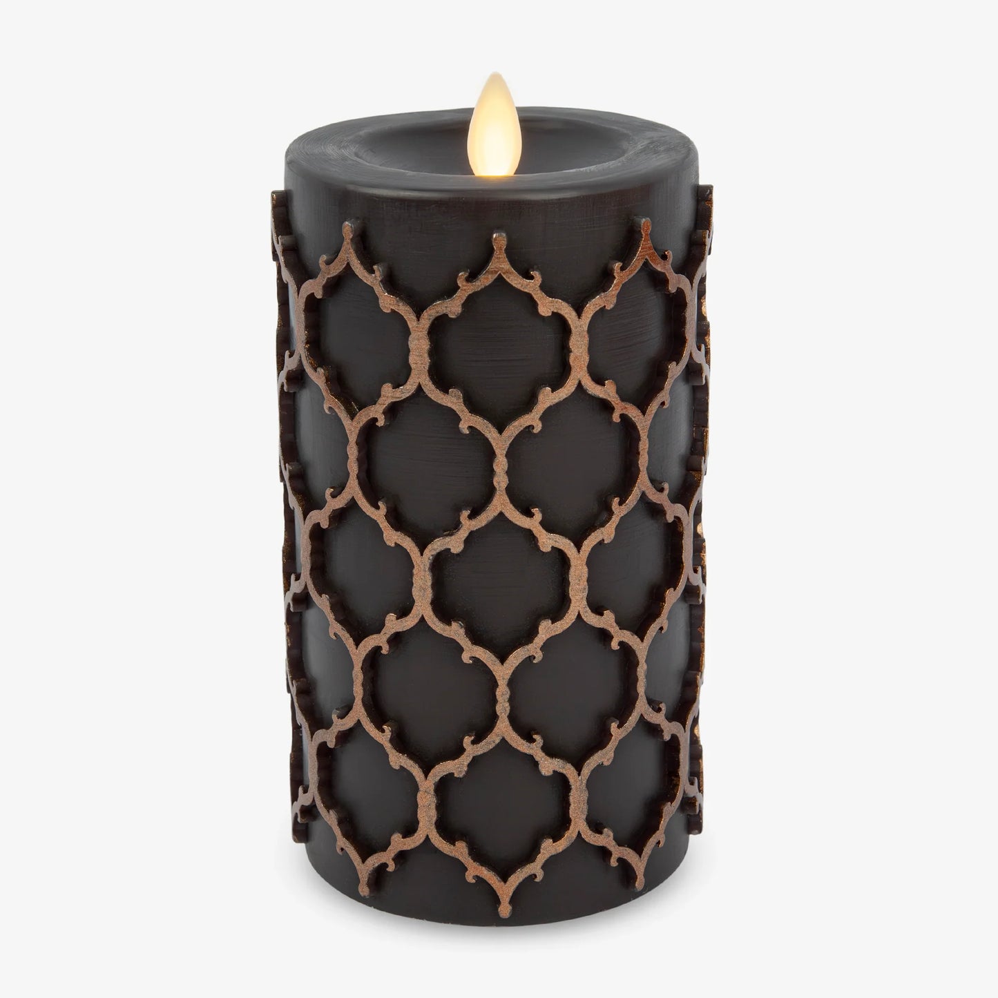 Black Embossed Fretwork Flameless Candle Pillar