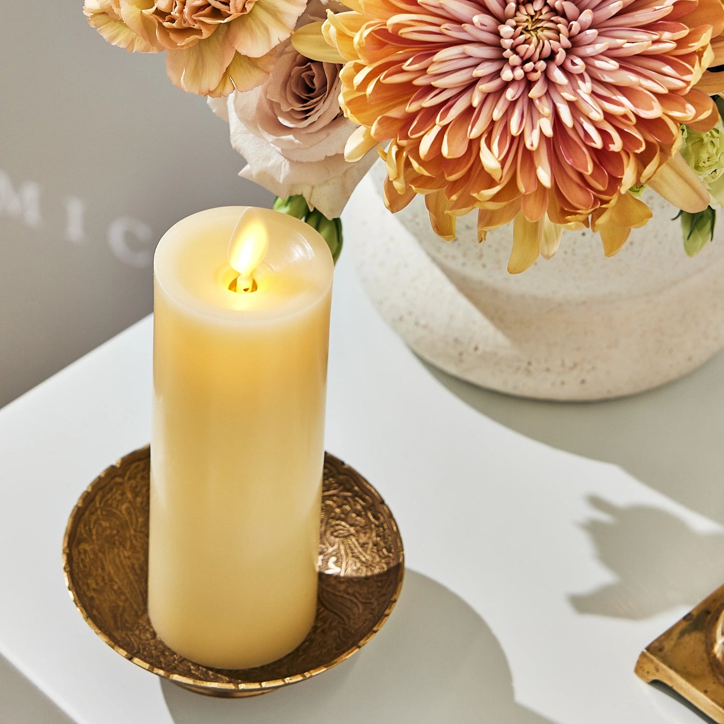 Ivory Flameless Candle Slim Pillar - Recessed Top - 2" Width