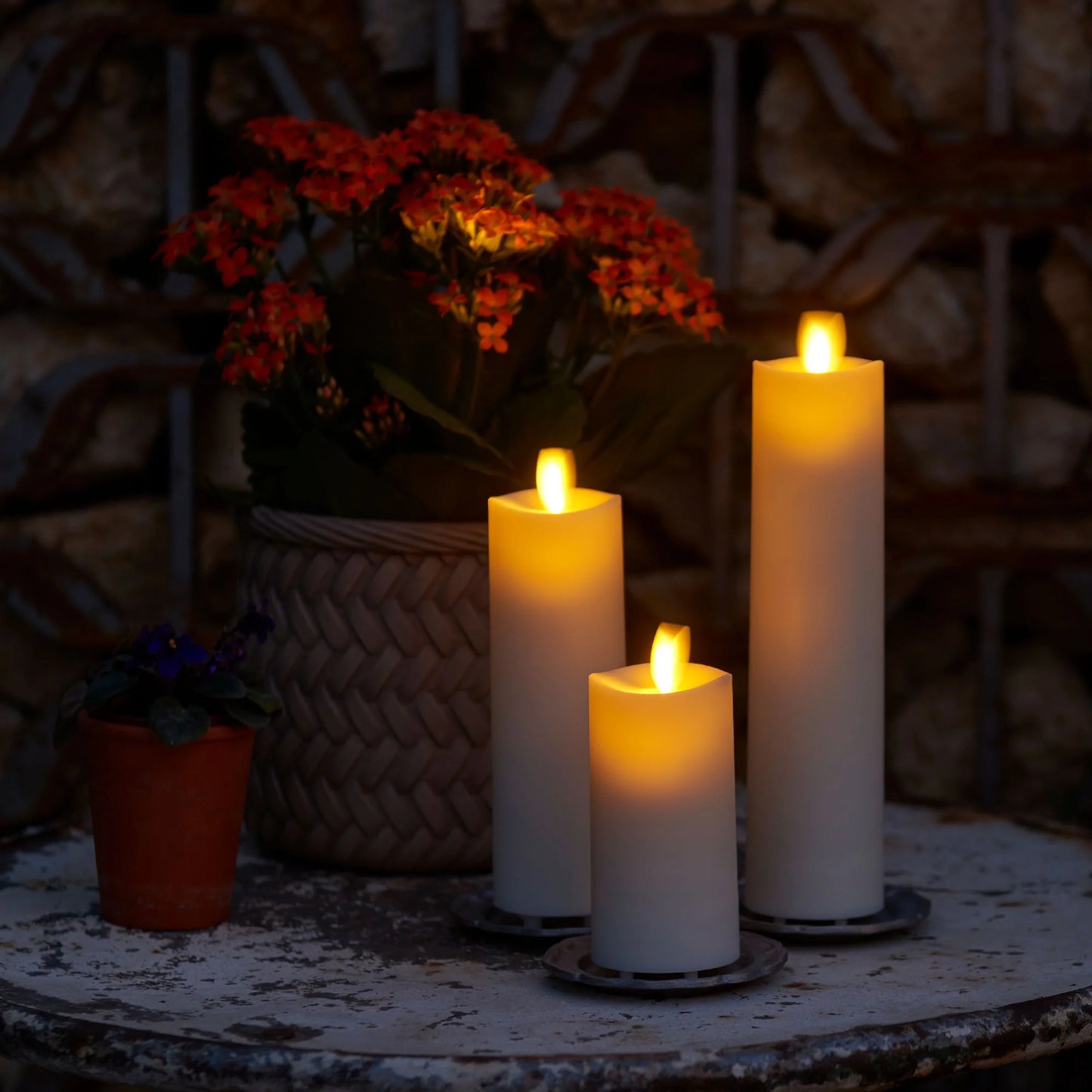 Set of 3 Pearl Ivory Outdoor Flameless Candle Slim Pillars with Remote - Melted Top