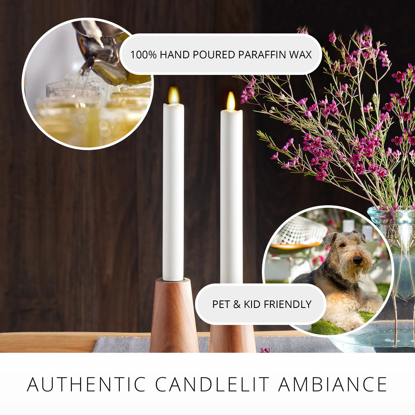 White Flameless Candle Tapers - Melted Top - 9.5" Height - Set of 2