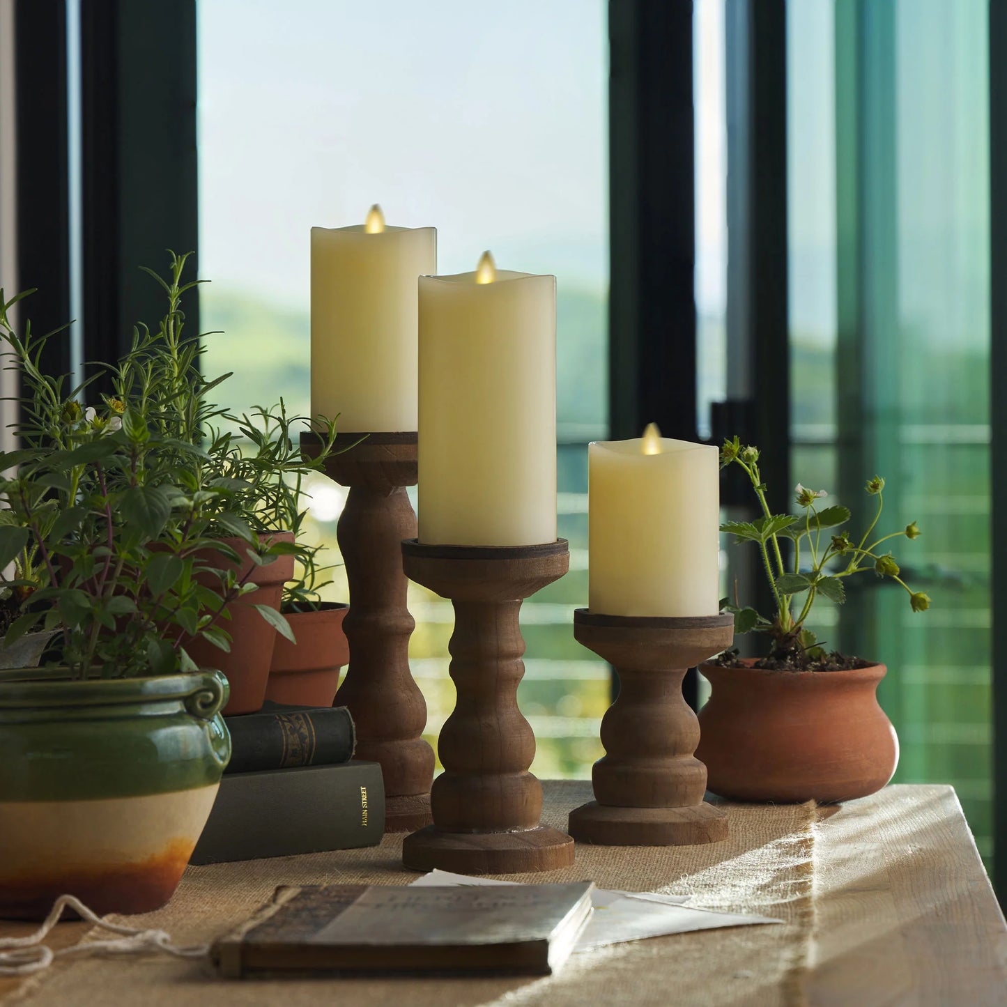 Ivory Flameless Candle Pillars with Remote - Melted Top - Set of 3