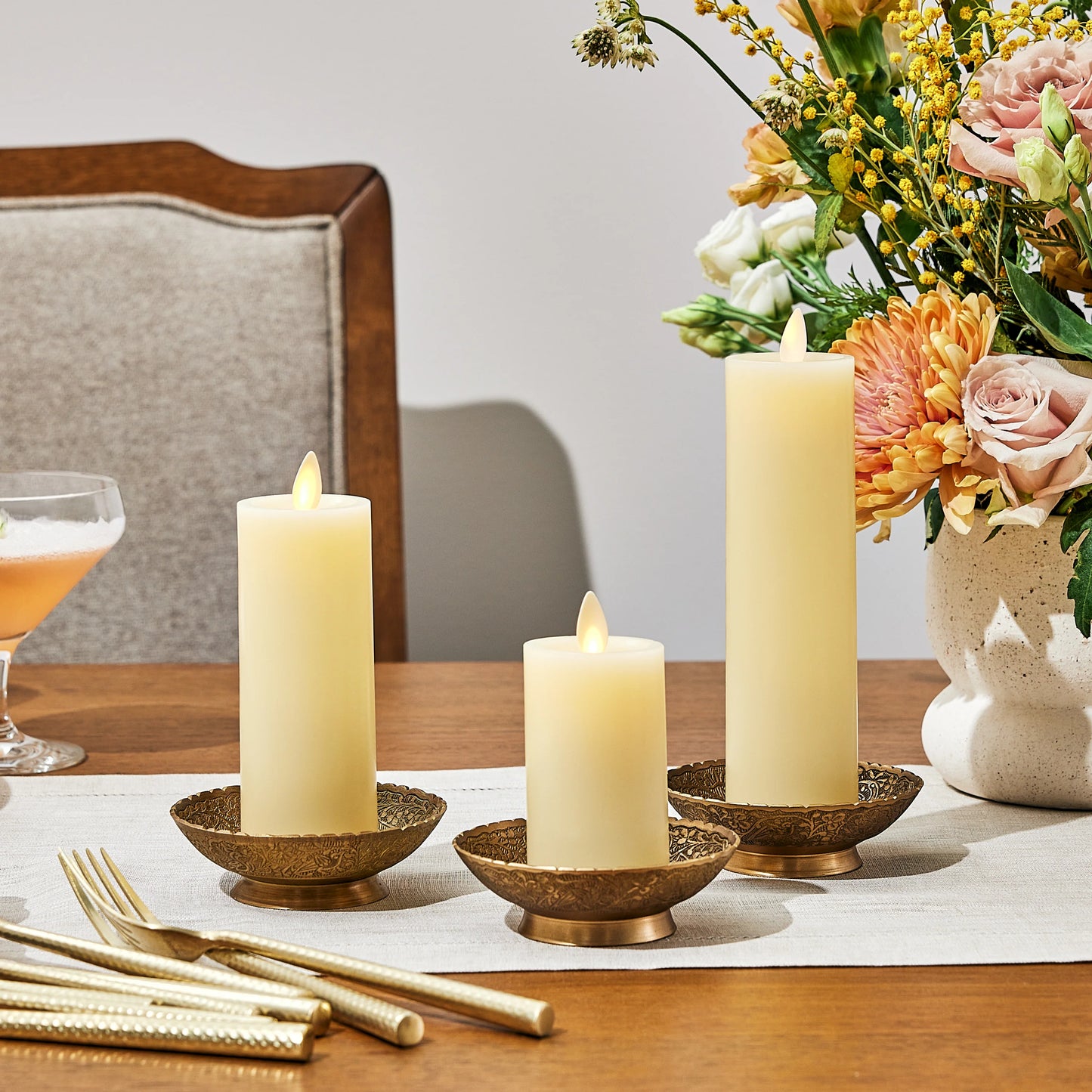 Ivory Flameless Candle Slim Pillar - Recessed Top - 2" Width