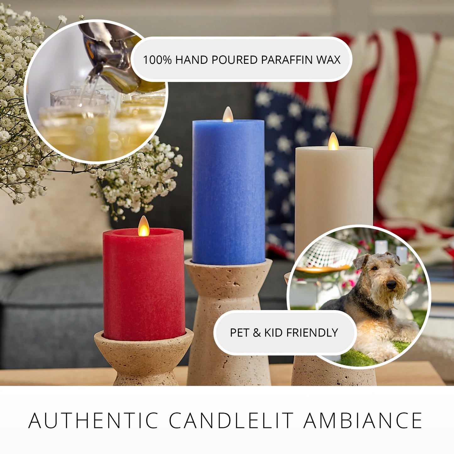 Set of 3 Red, White & Blue Flameless Candle Pillars
