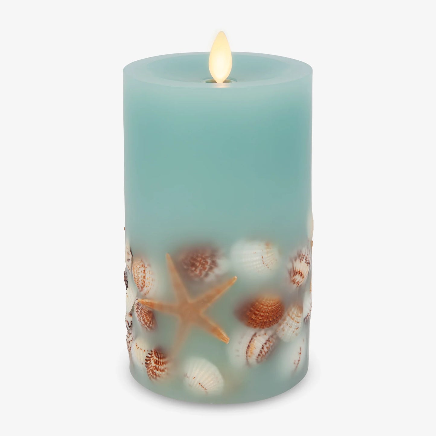 Soft Teal Embedded Seashell & Starfish Flameless Candle Pillar