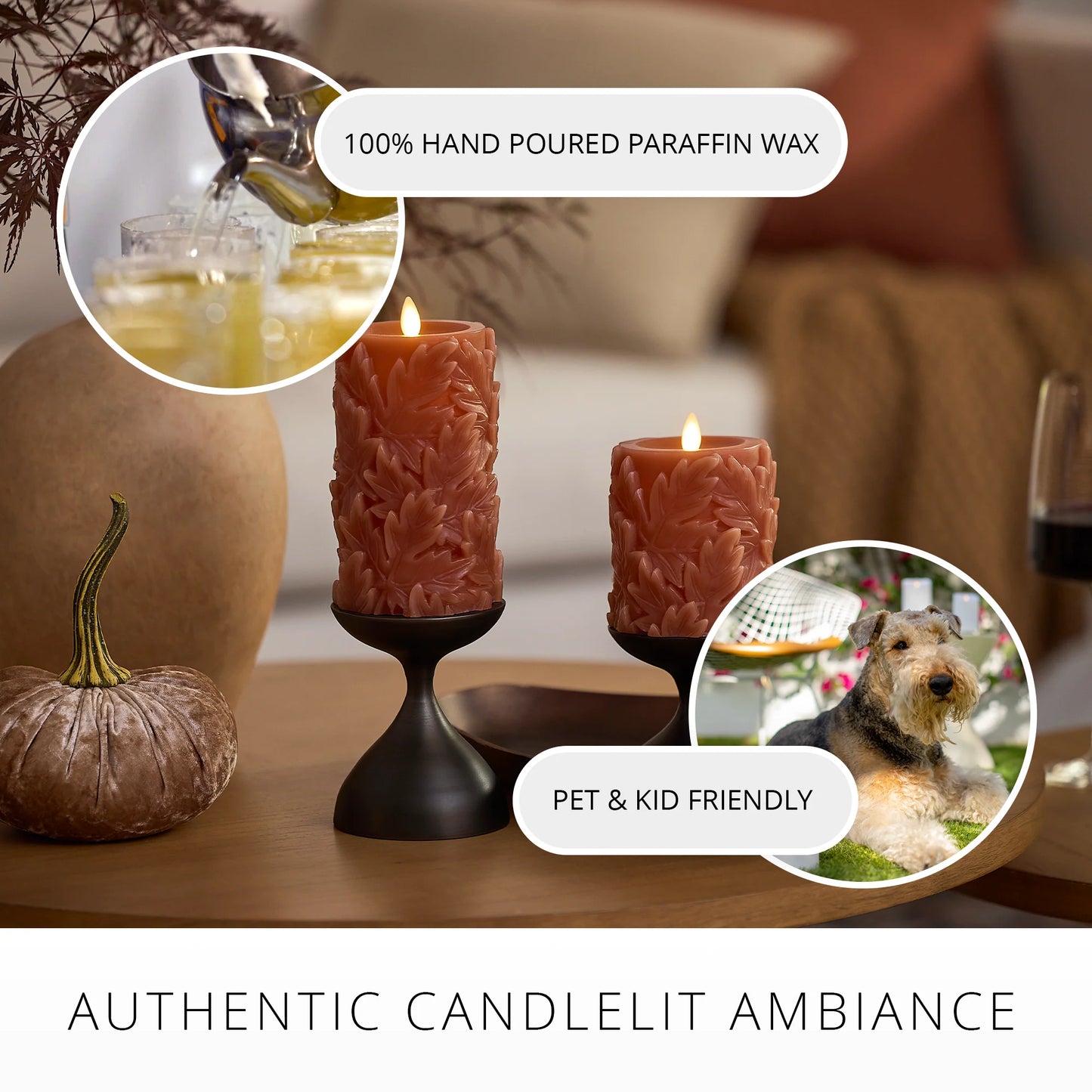 Caramel Café Embossed Leaves Flameless Candle Pillars