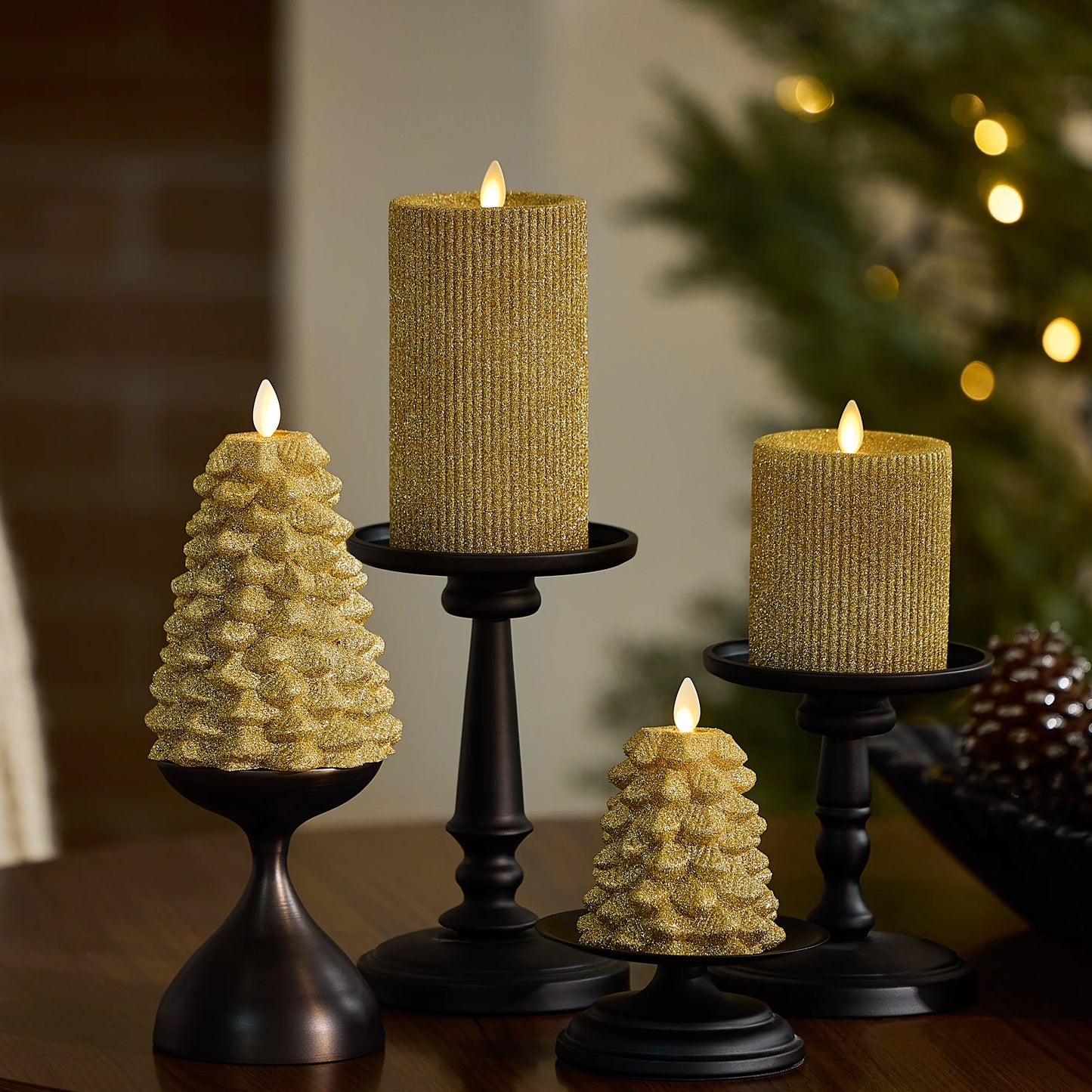 Rich Gold Glitter Ribbed Flameless Candle Pillar
