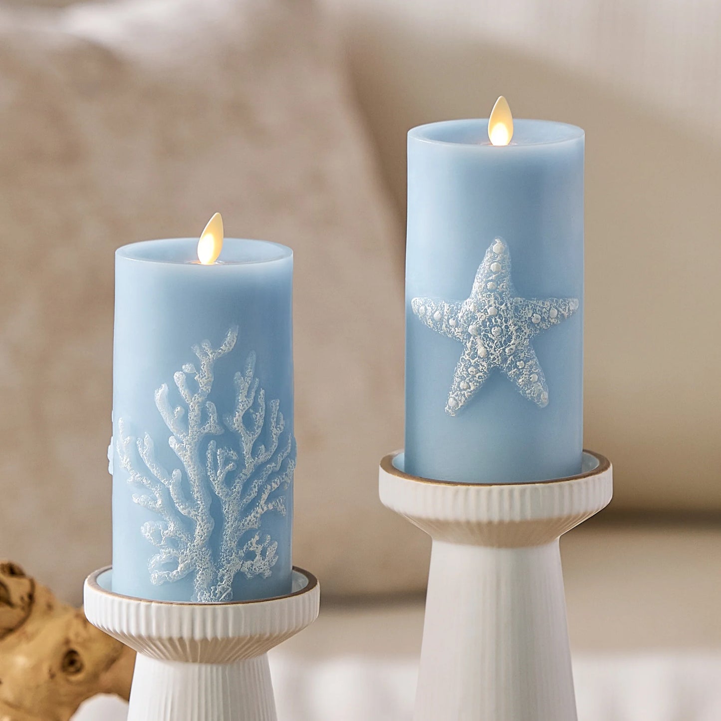 Soft Chambray Embossed Coral Flameless Candle Pillar
