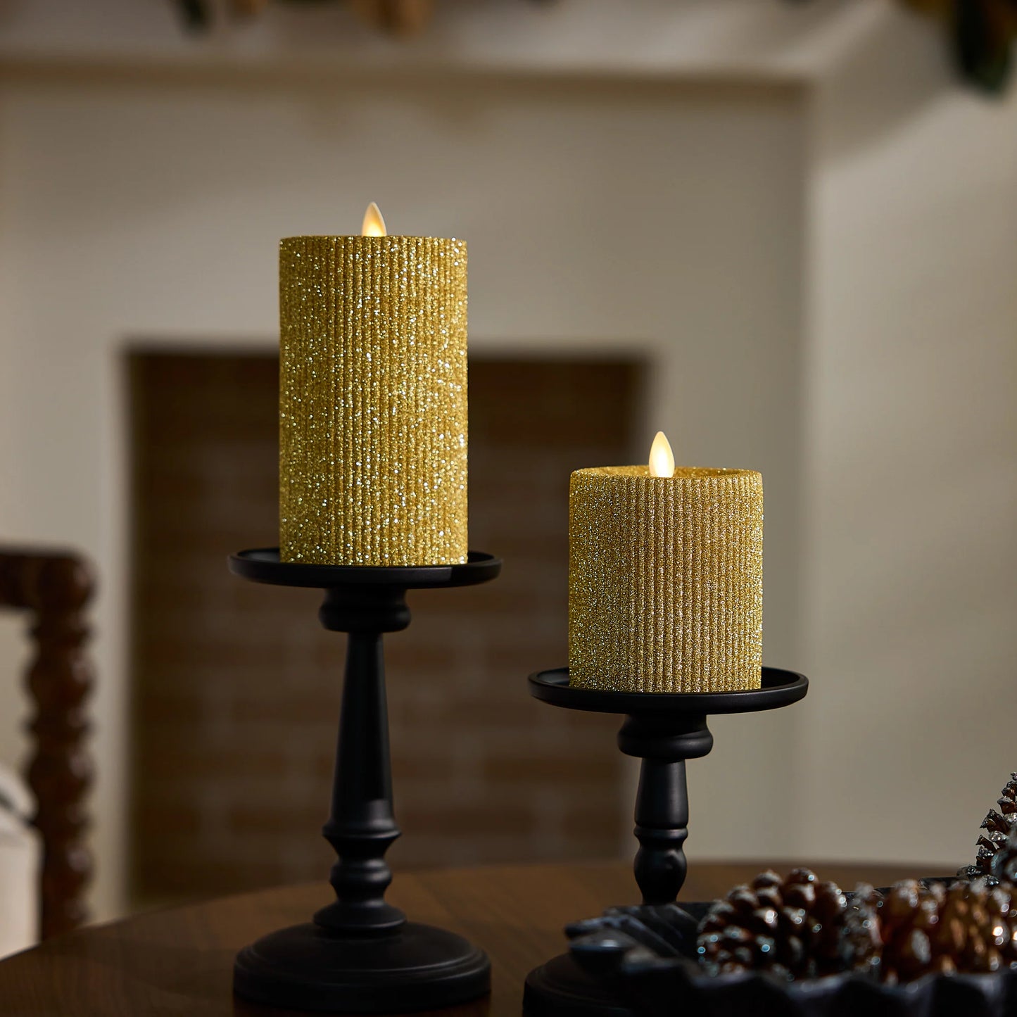 Rich Gold Glitter Ribbed Flameless Candle Pillar