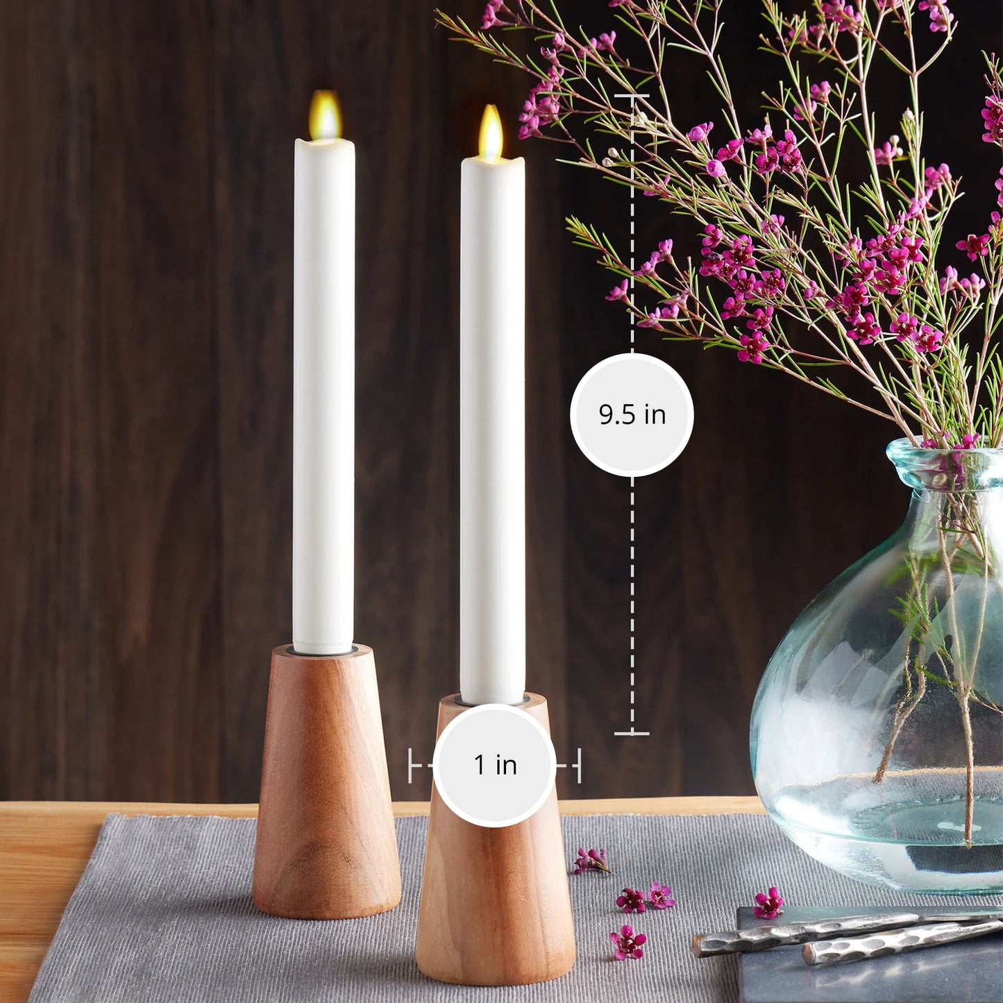White Flameless Candle Tapers - Melted Top - 9.5" Height - Set of 2