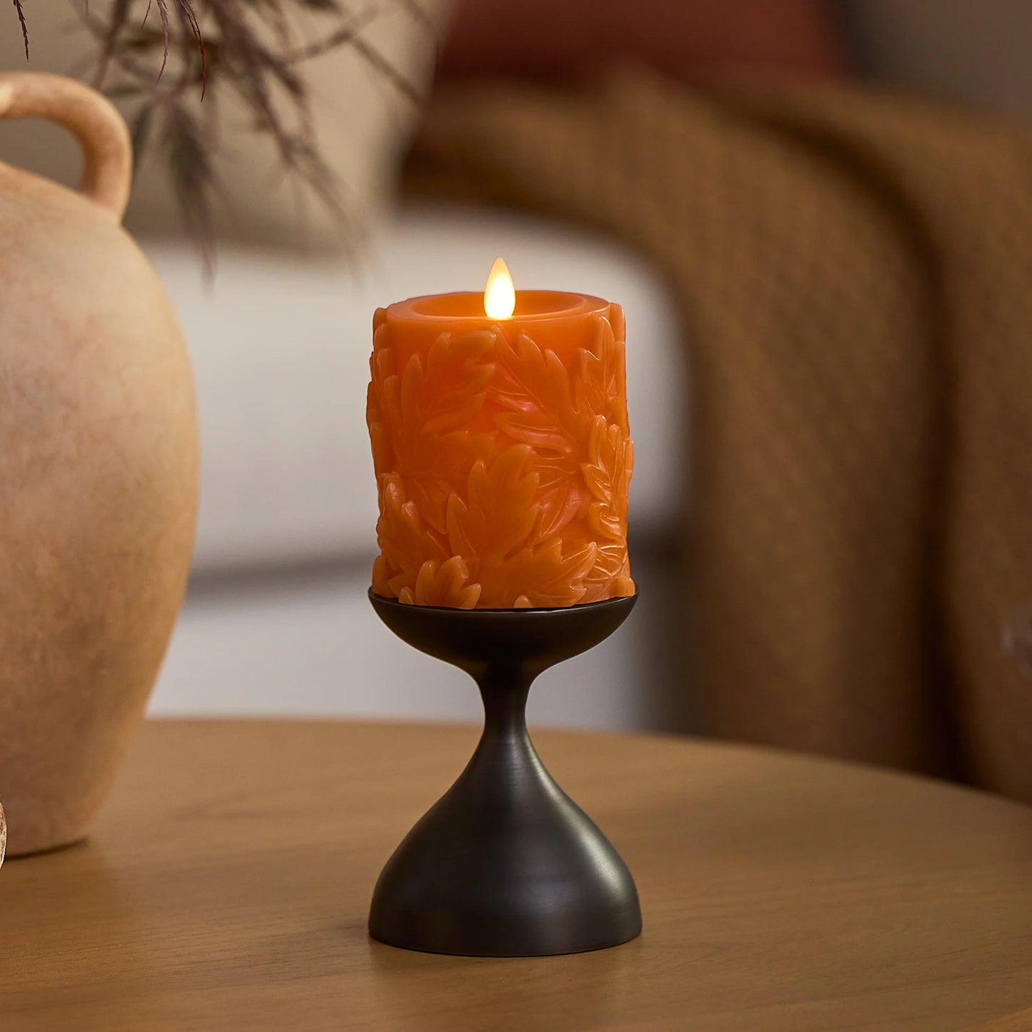 Marmalade Embossed Leaves Flameless Candle Pillars