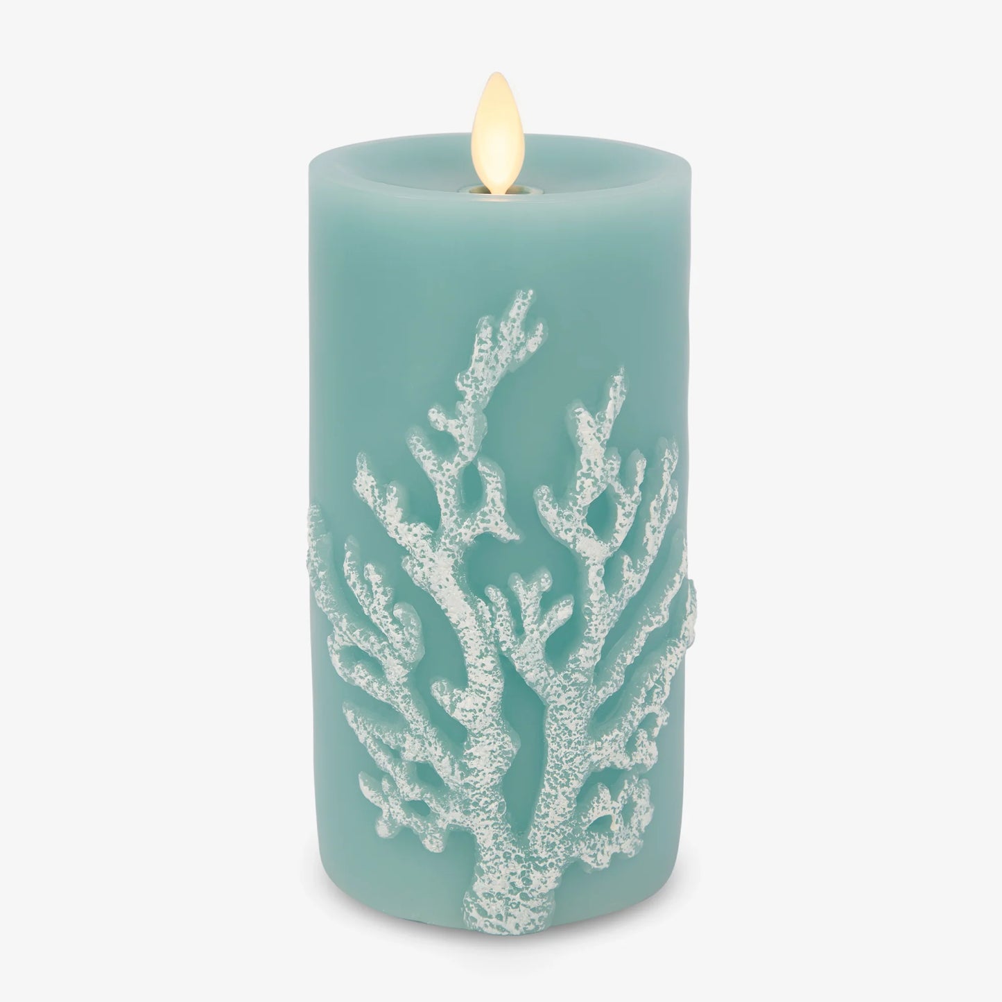 Soft Teal Embossed Coral Flameless Candle Pillar