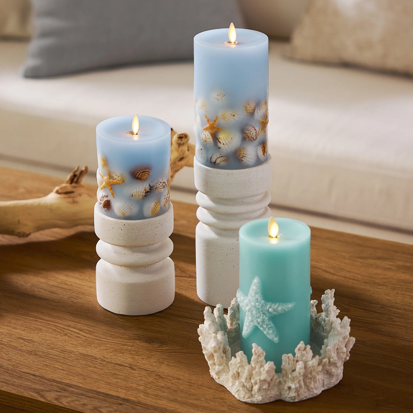 Soft Teal Embossed Starfish Flameless Candle Pillar