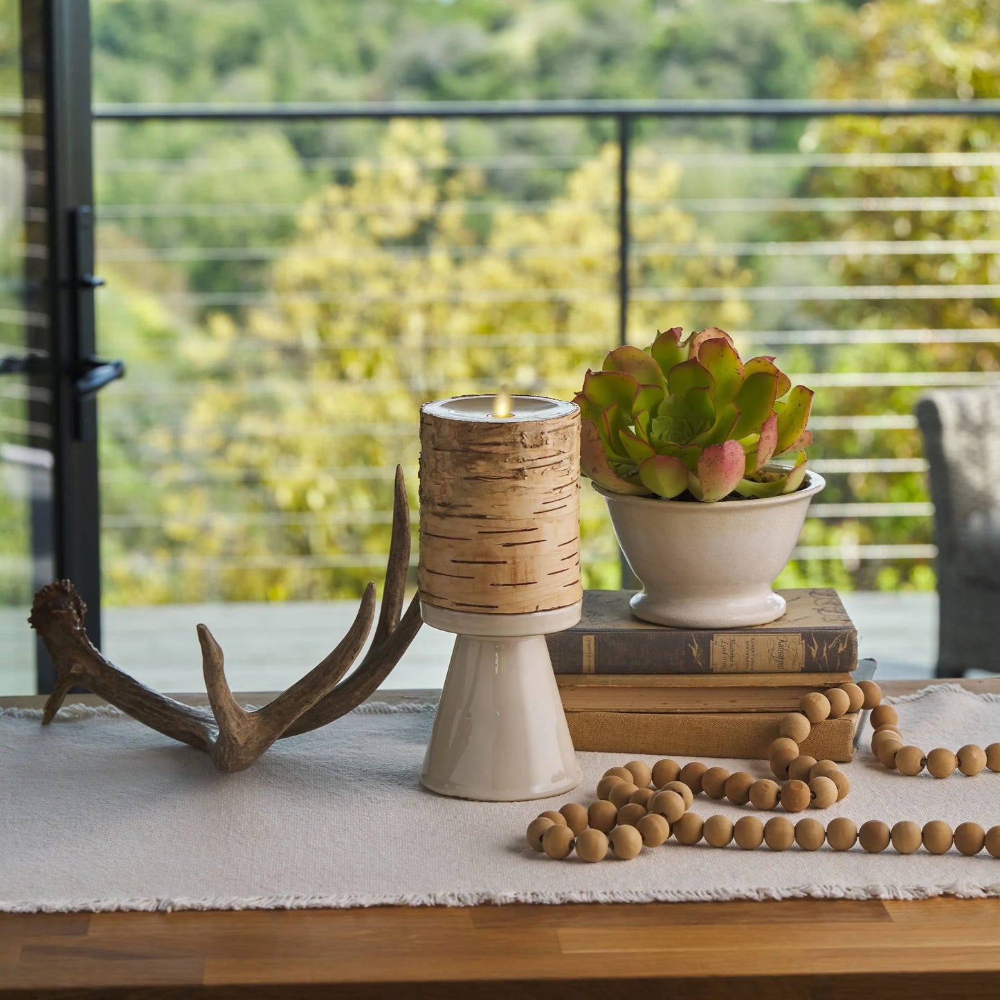 Real Birch Wood Flameless Candle Pillar - Recessed Top - 4" Width