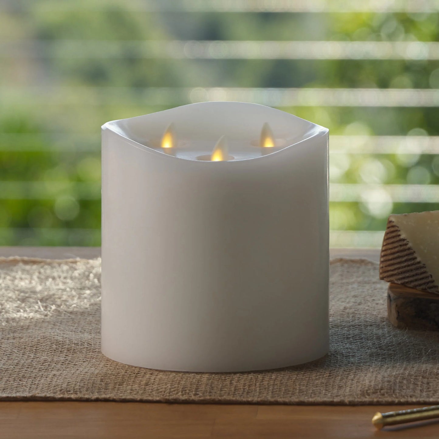 White Flameless Candle Tri-Flame Grand Pillar - Melted Top