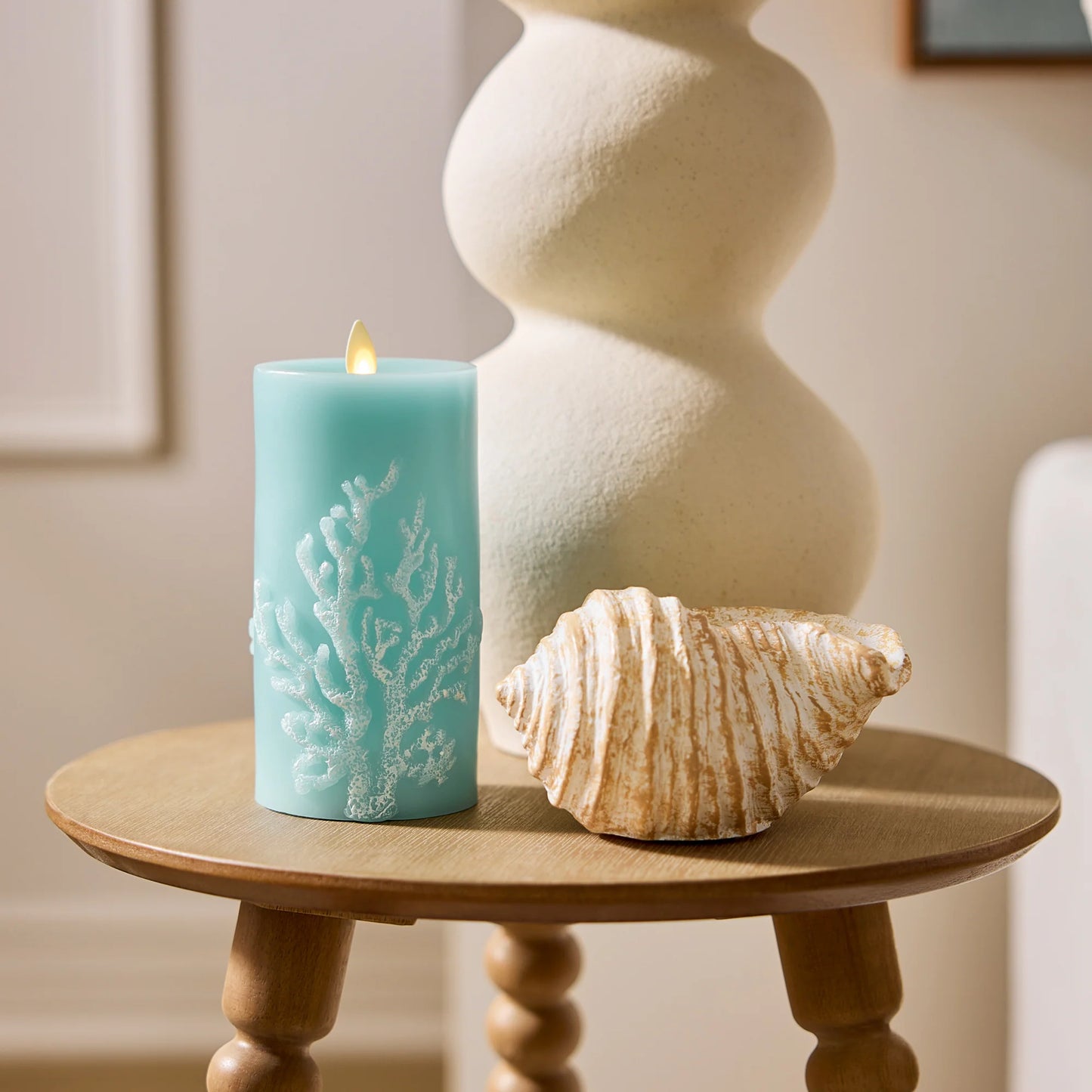 Soft Teal Embossed Coral Flameless Candle Pillar