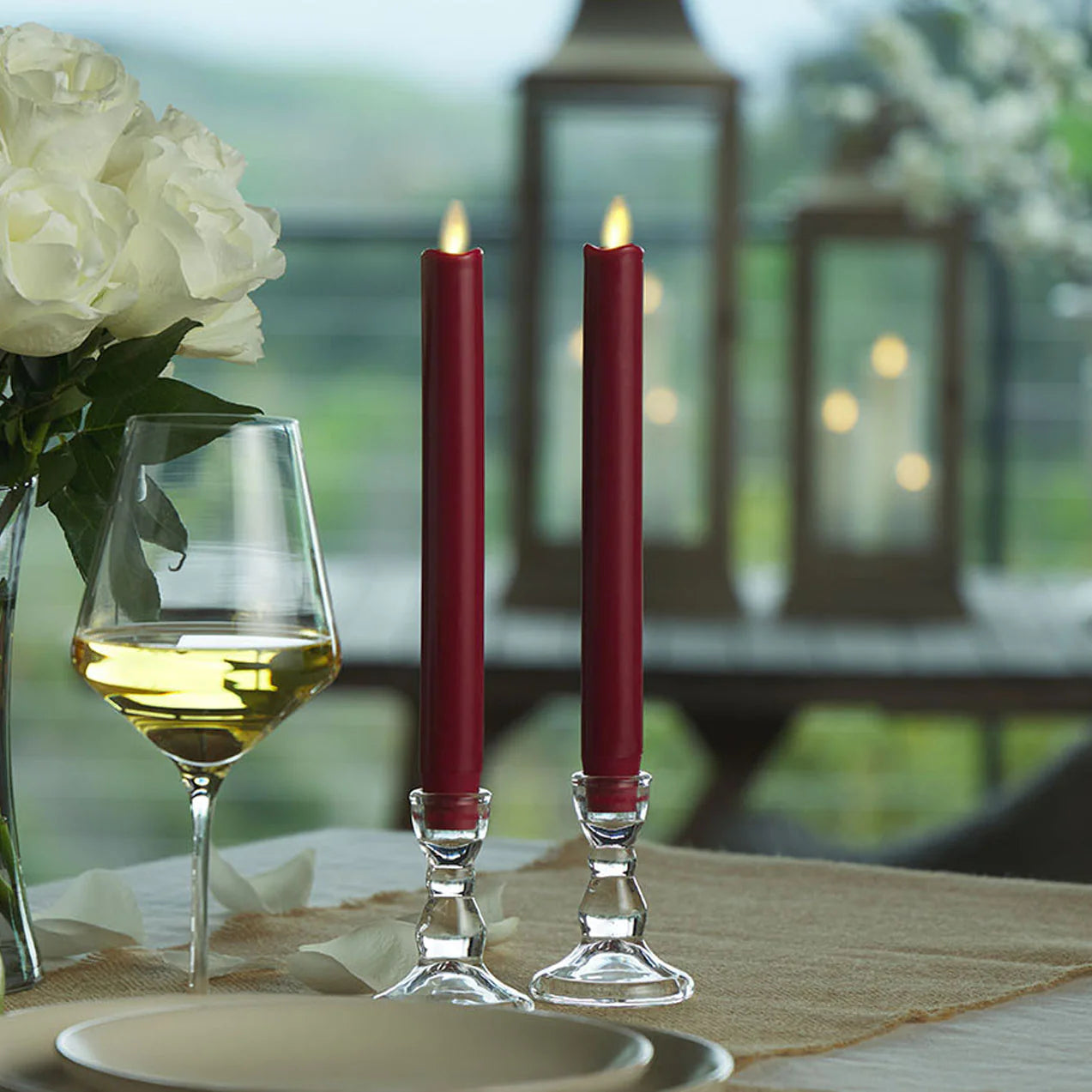 Burgundy Flameless Candle Tapers - Melted Top - 9.5" Height - Set of 2