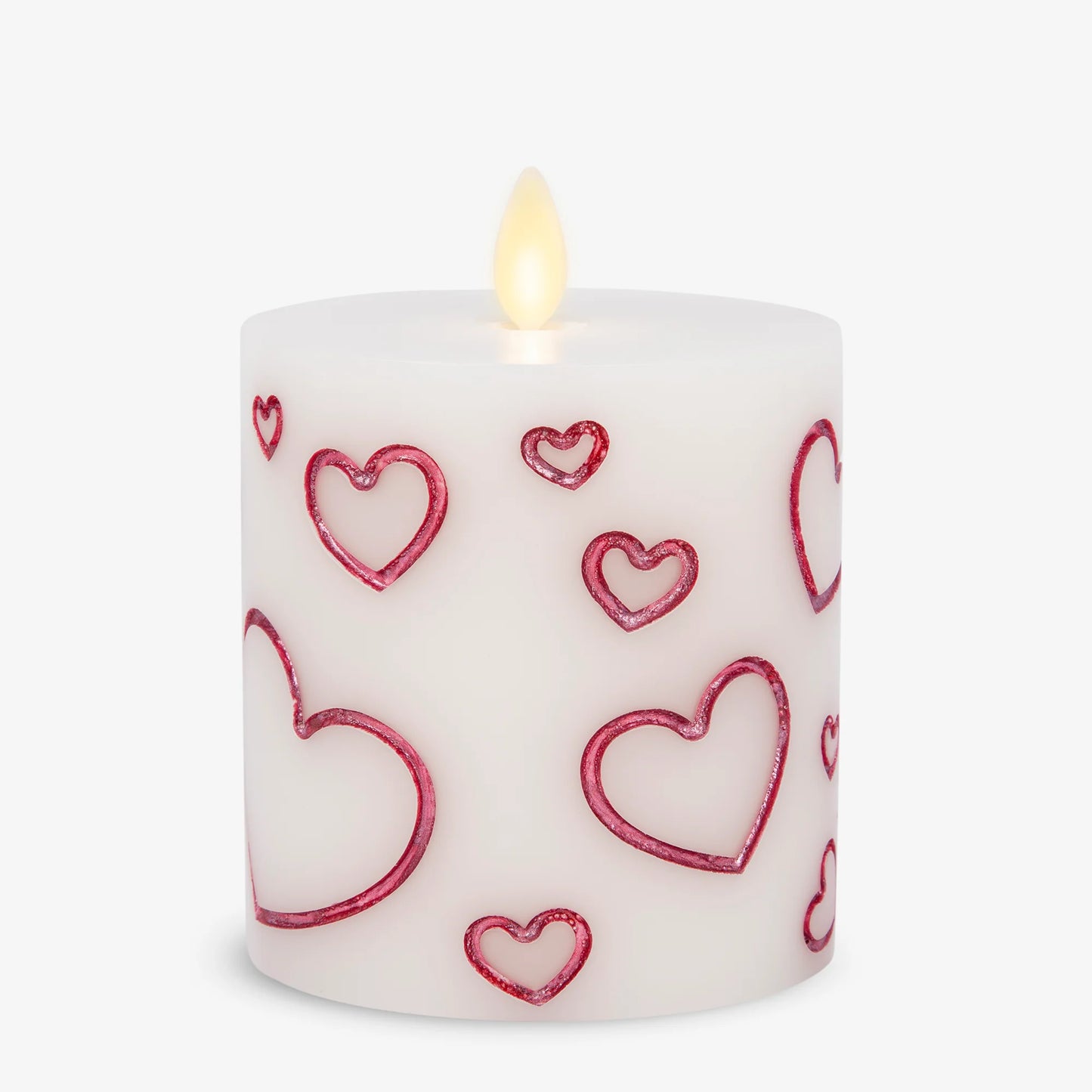 White Porcelain with Metallic Raspberry Hearts Flameless Candle Pillar
