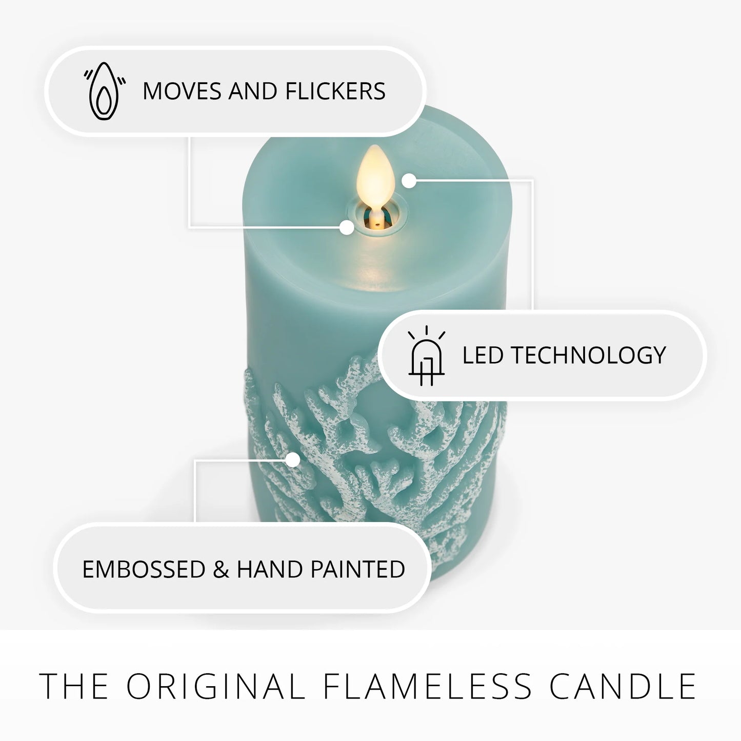 Soft Teal Embossed Coral Flameless Candle Pillar