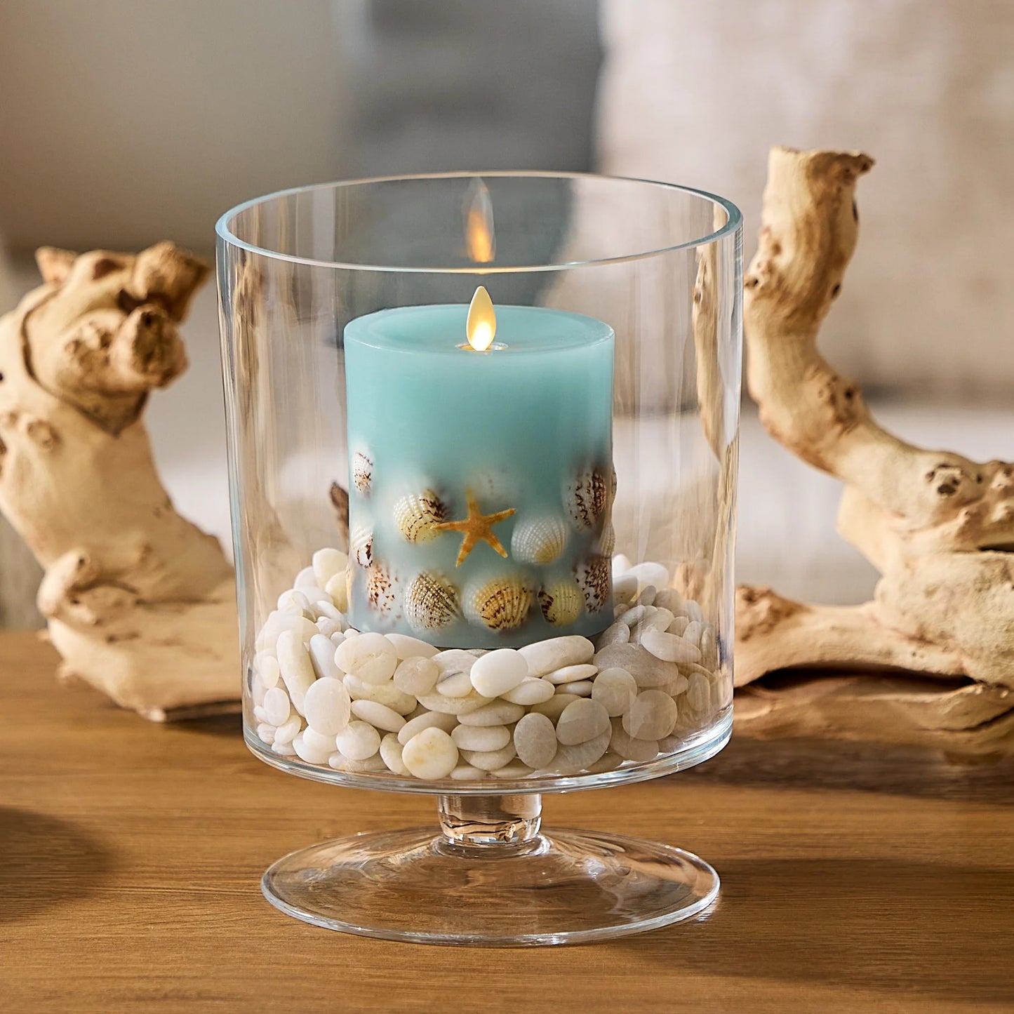 Soft Teal Embedded Seashell & Starfish Flameless Candle Pillar