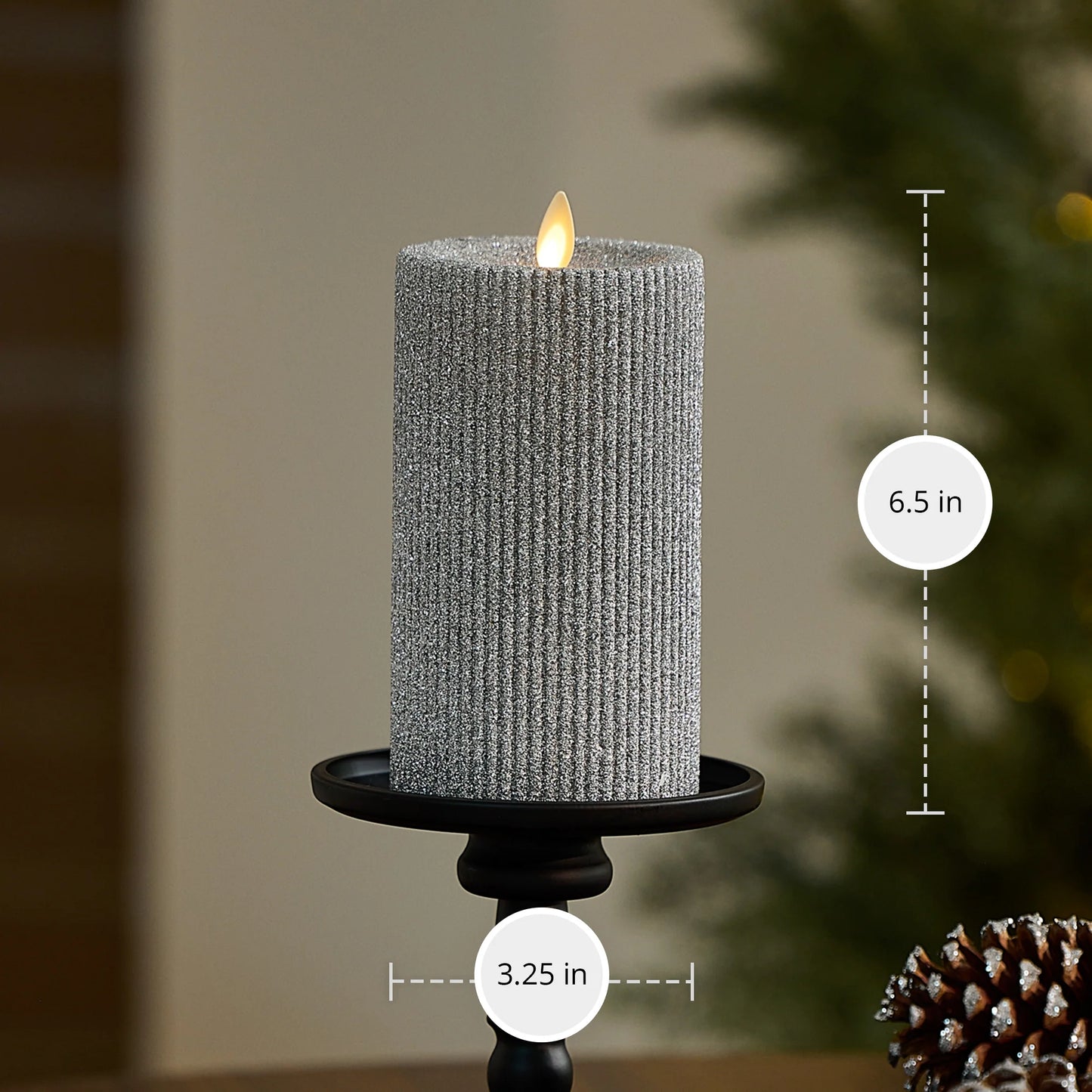Brilliant Silver Glitter Ribbed Flameless Candle Pillar