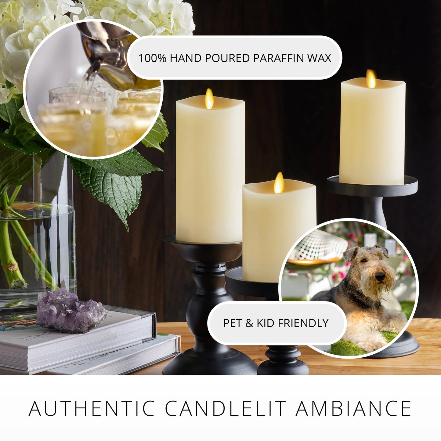 Ivory Flameless Candle Pillars with Remote - Melted Top - Set of 3