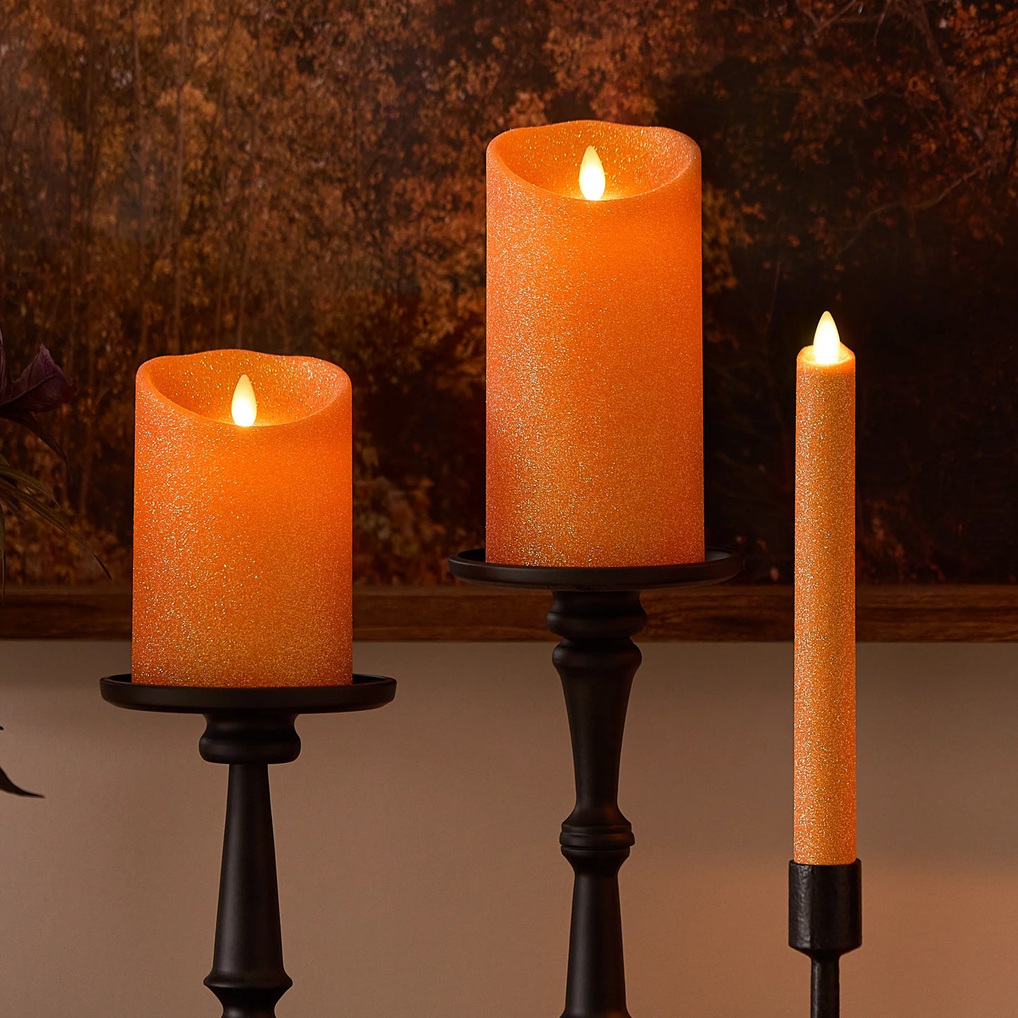 Russet Orange Glitter Flameless Candle Pillar