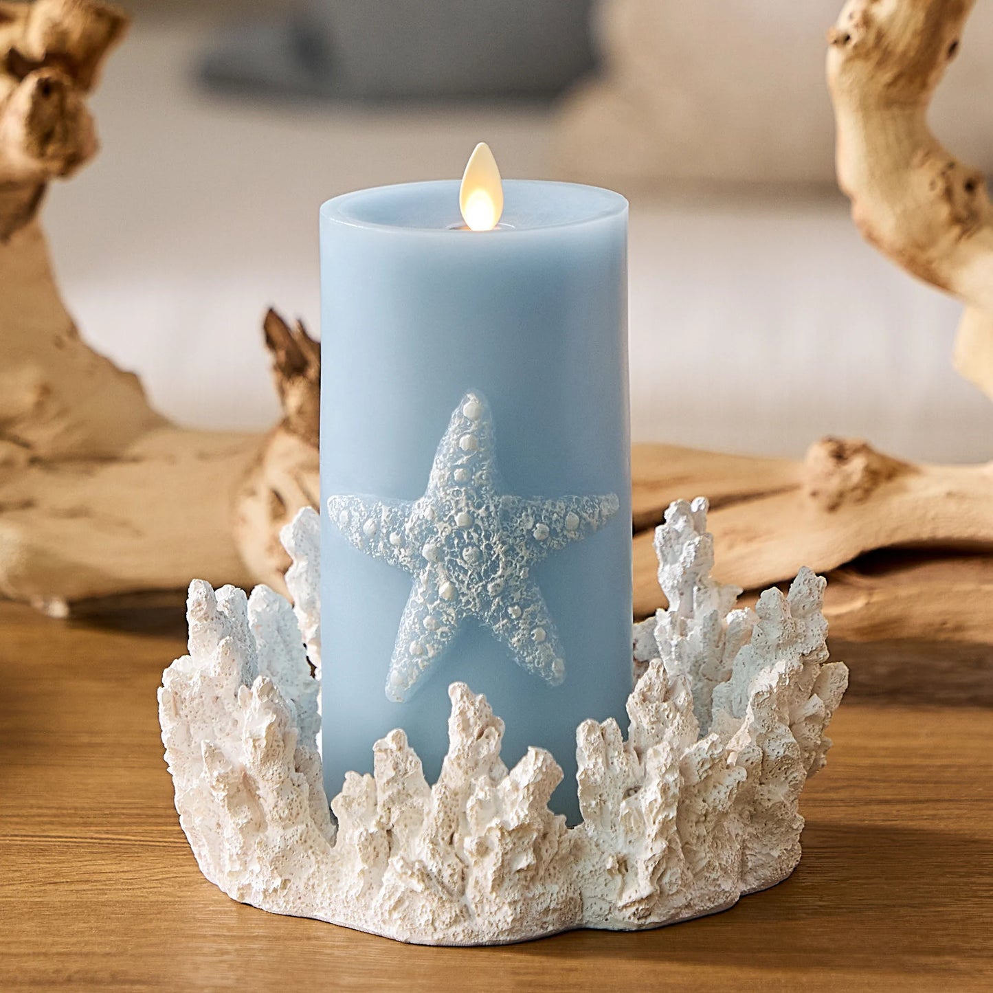 Soft Chambray Embossed Starfish Flameless Candle Pillar