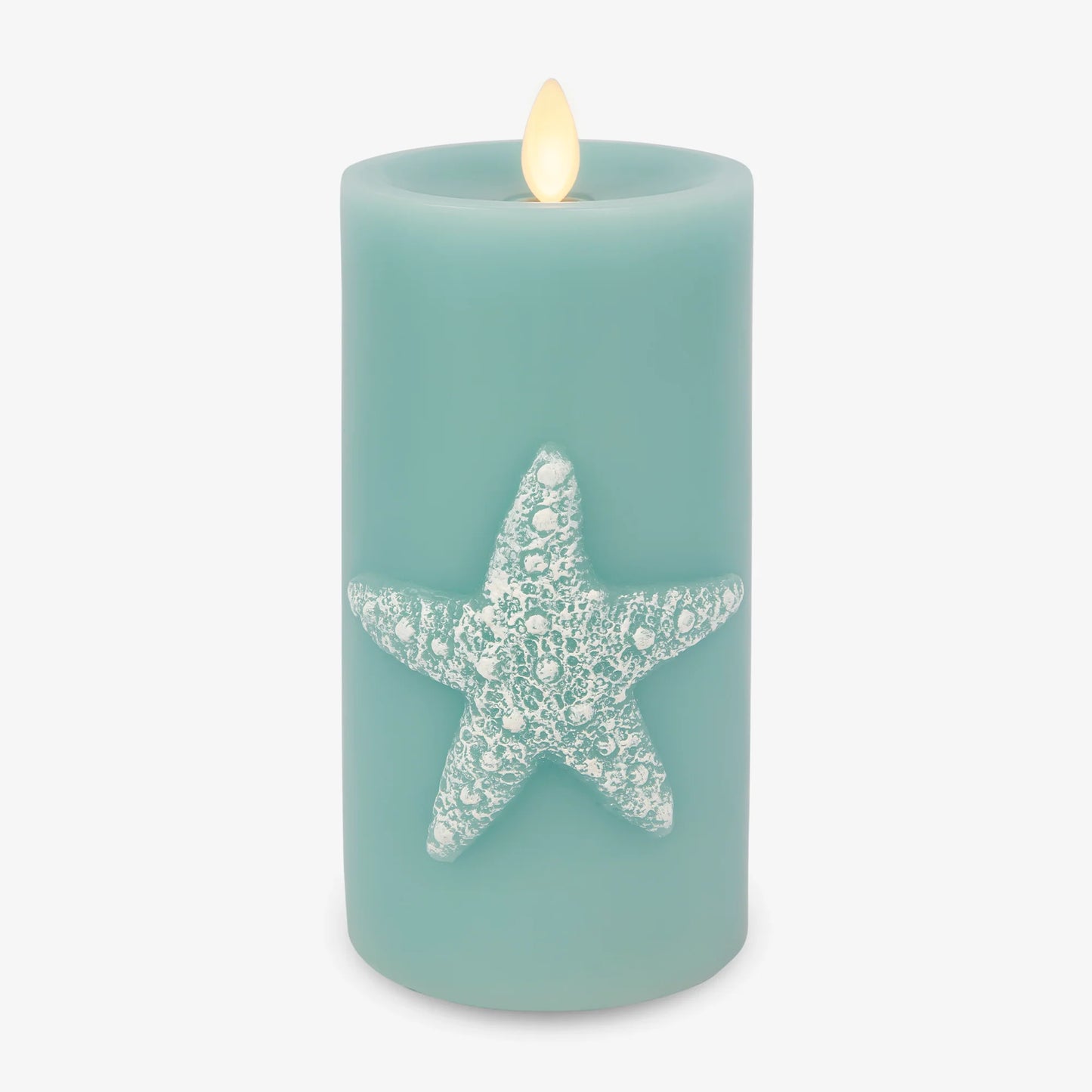 Soft Teal Embossed Starfish Flameless Candle Pillar