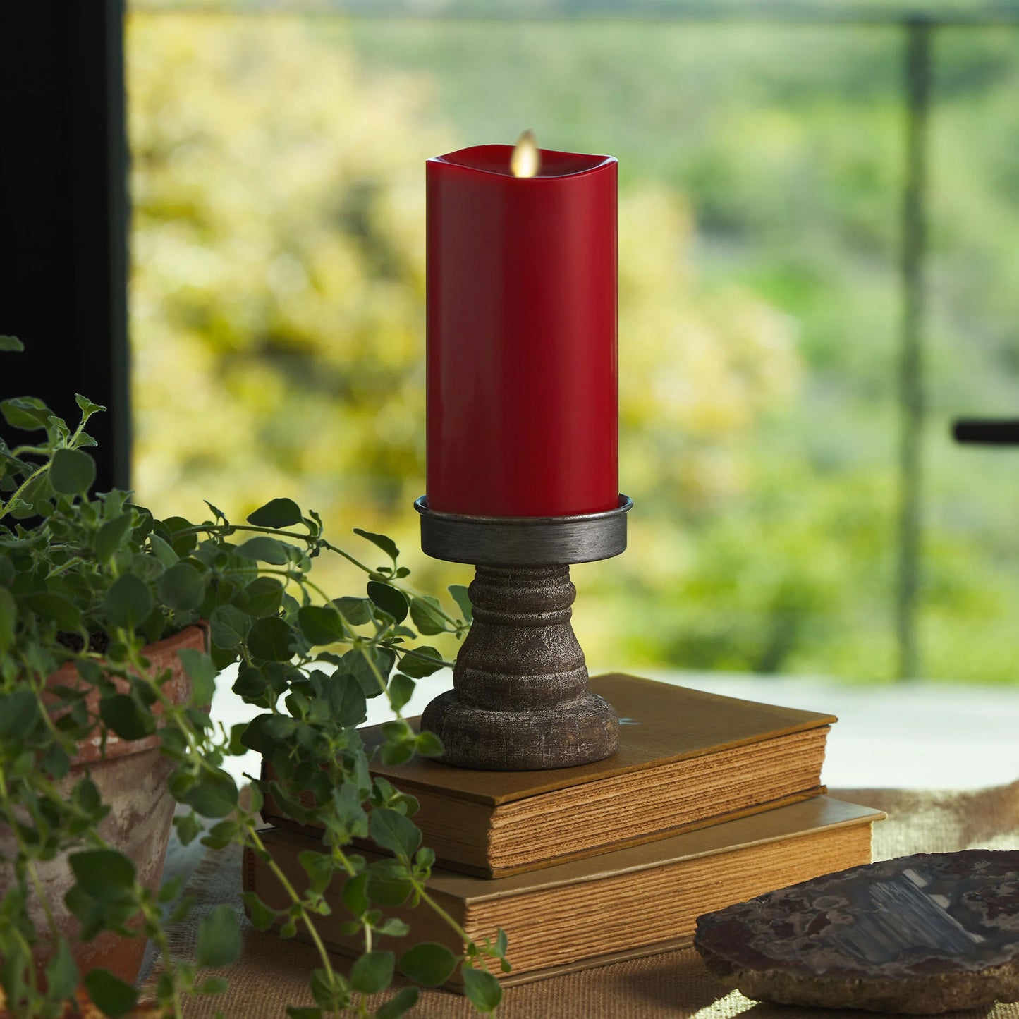 Burgundy Flameless Candle Pillar - Melted Top - 3" Width
