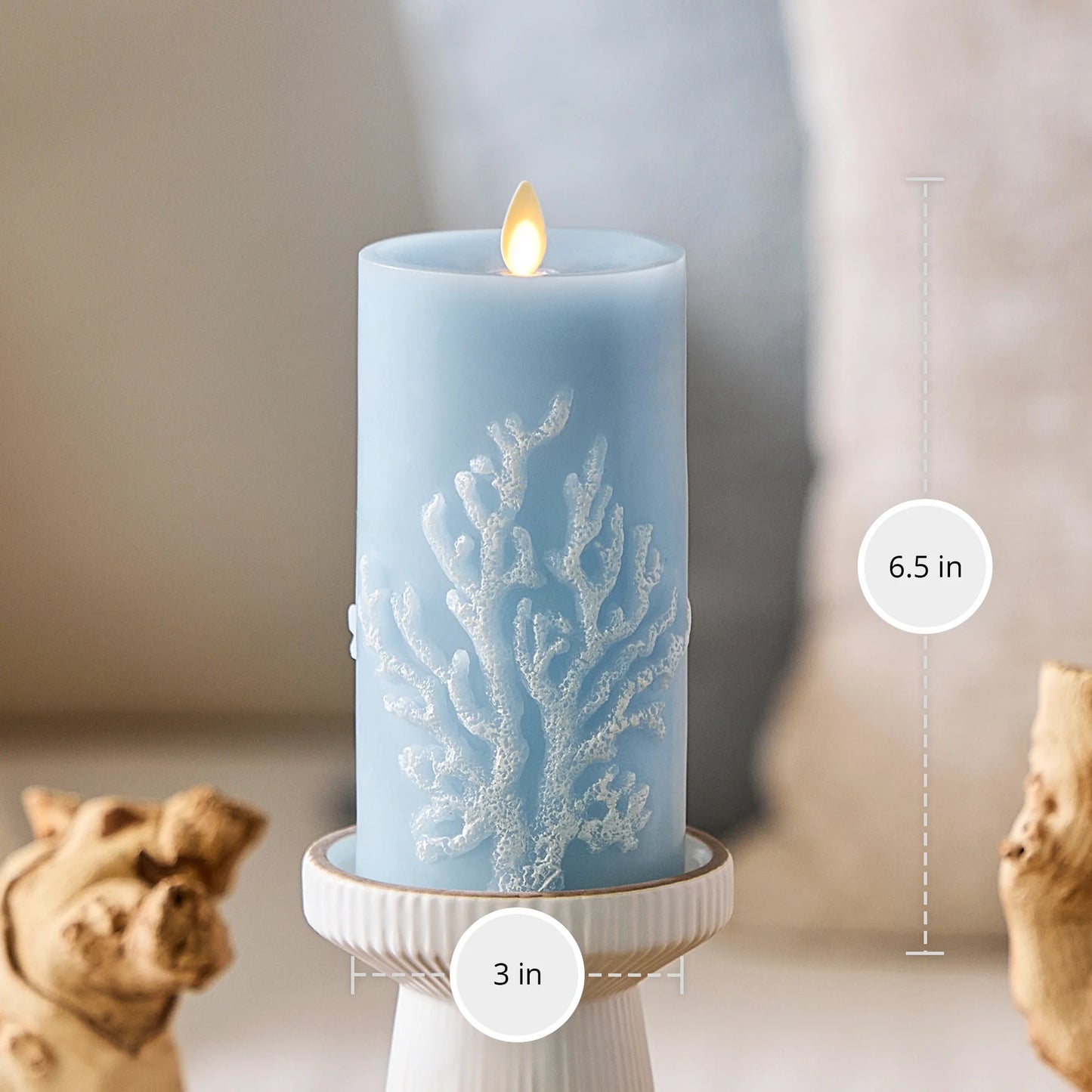 Soft Chambray Embossed Coral Flameless Candle Pillar
