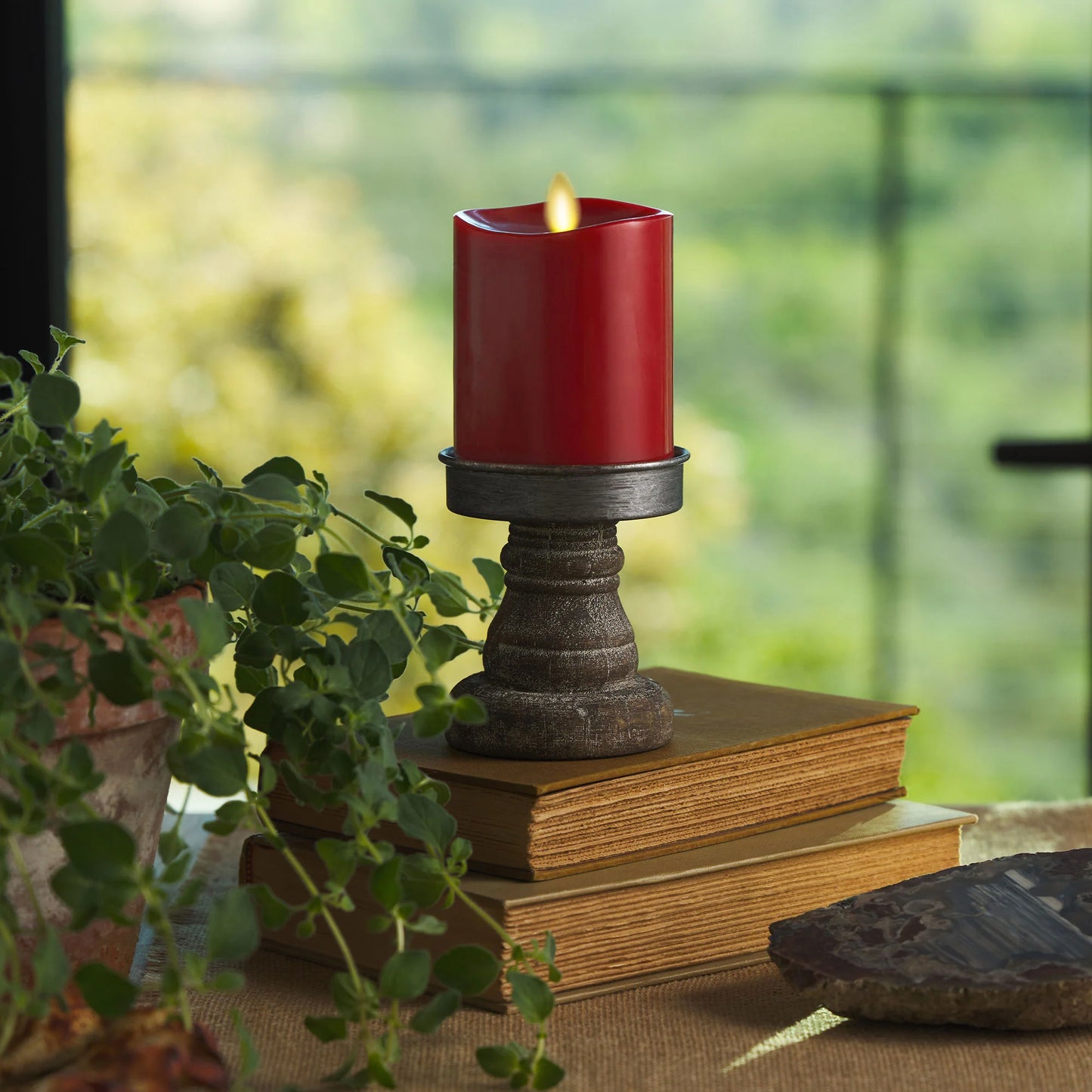 Burgundy Flameless Candle Pillar - Melted Top - 3" Width