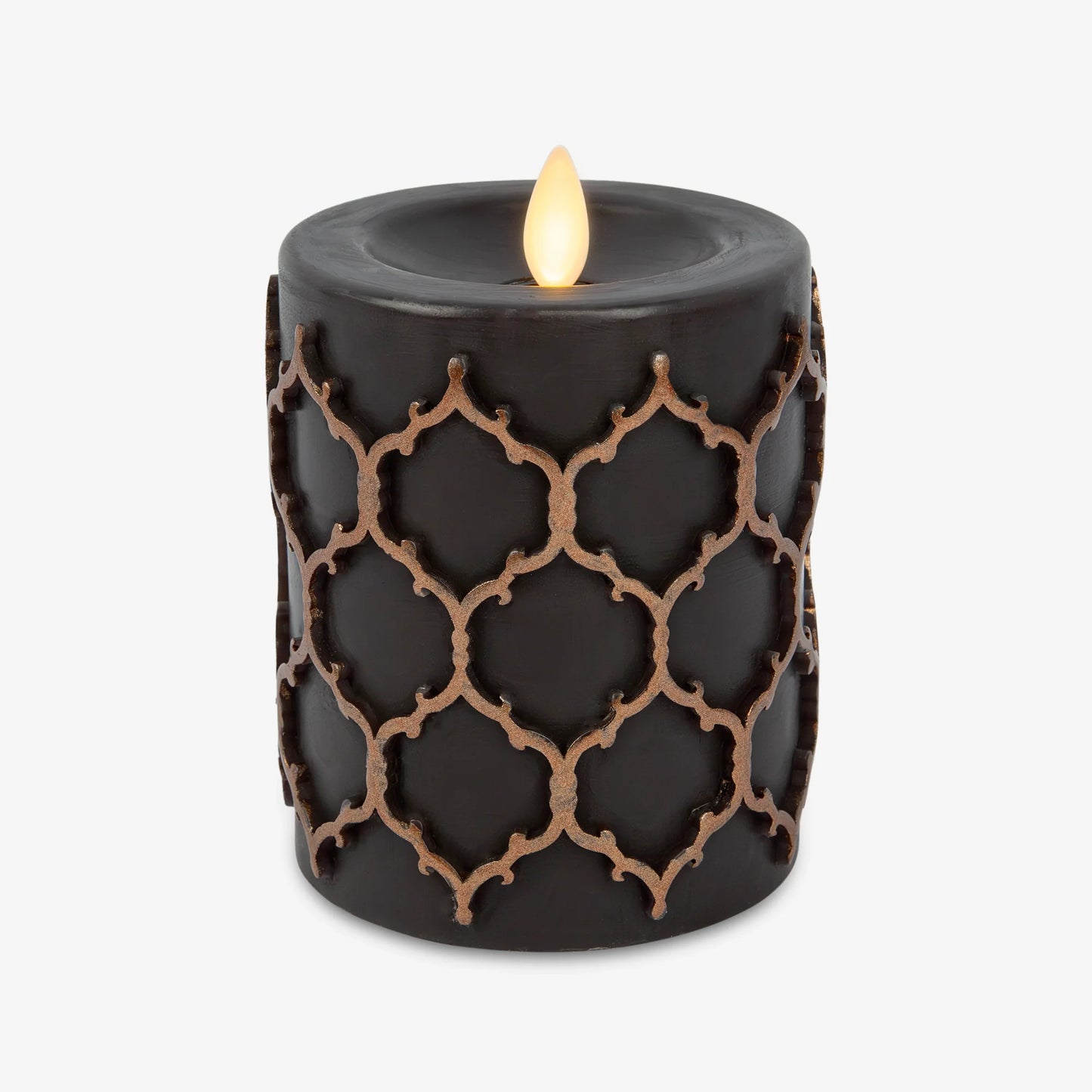 Black Embossed Fretwork Flameless Candle Pillar