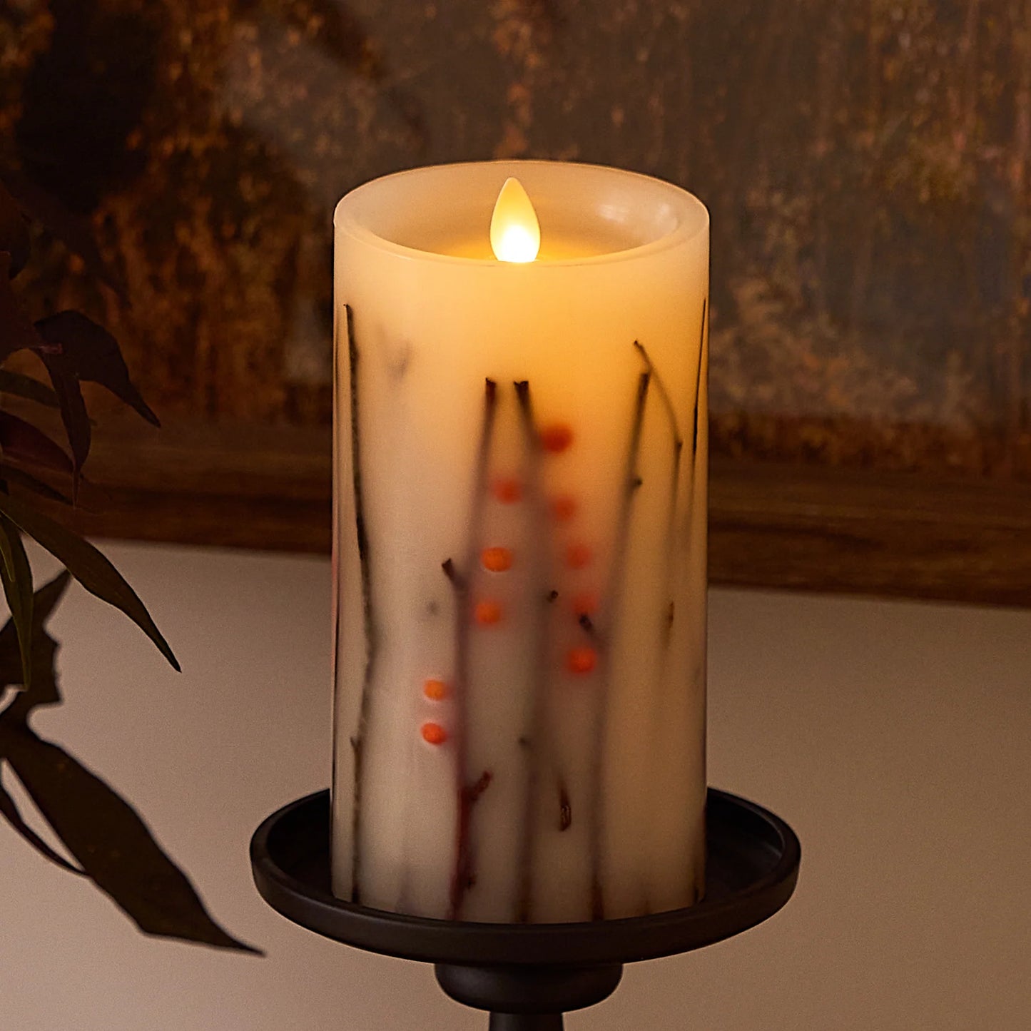 Pearl Ivory Embedded Orange Berries & Twigs Flameless Candle Pillar