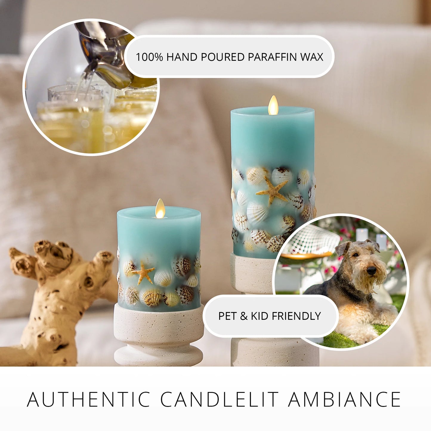Soft Teal Embedded Seashell & Starfish Flameless Candle Pillar