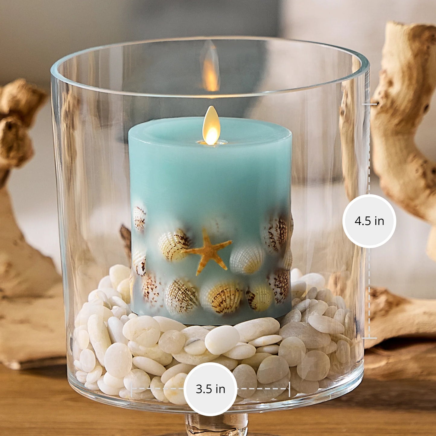 Soft Teal Embedded Seashell & Starfish Flameless Candle Pillar