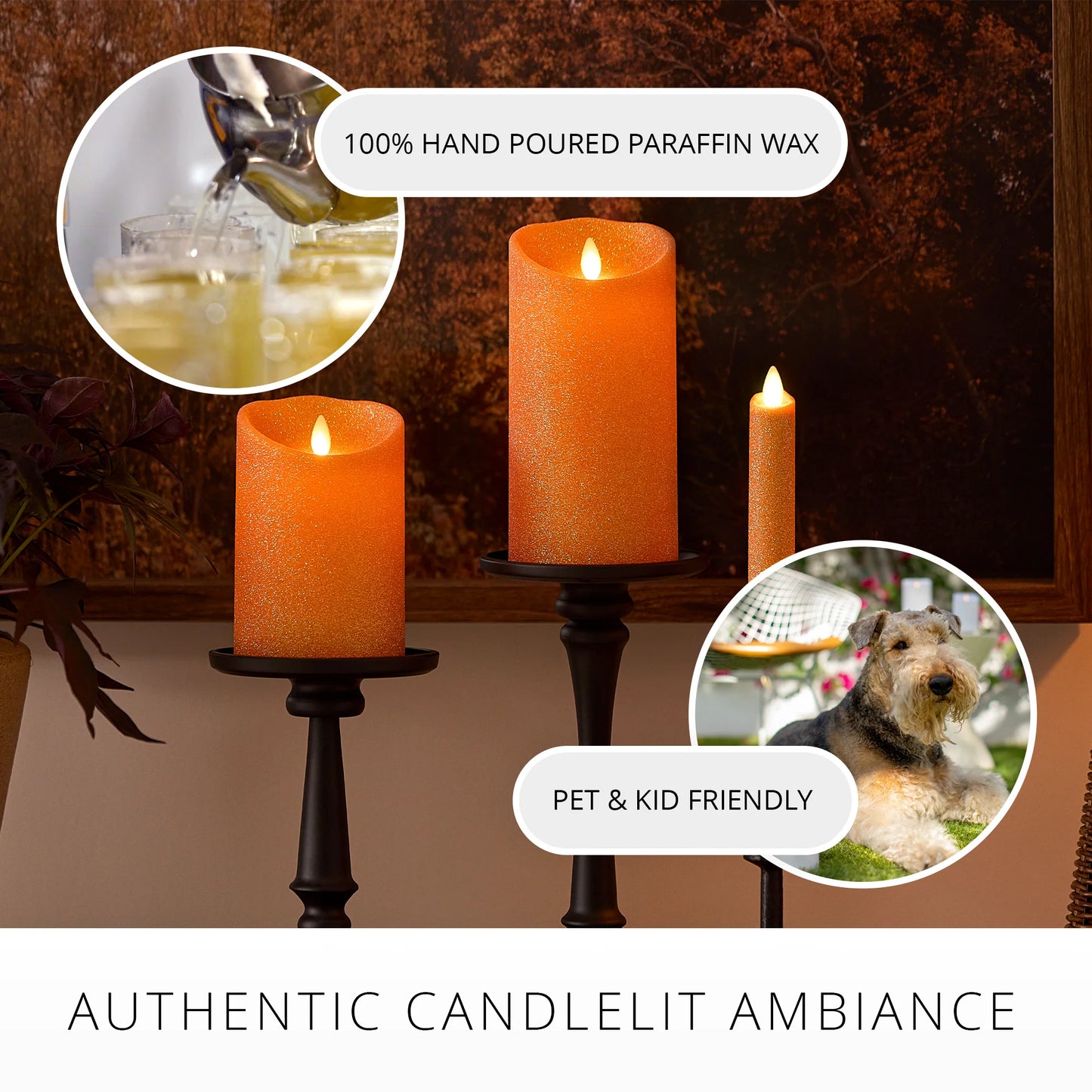 Russet Orange Glitter Flameless Candle Taper