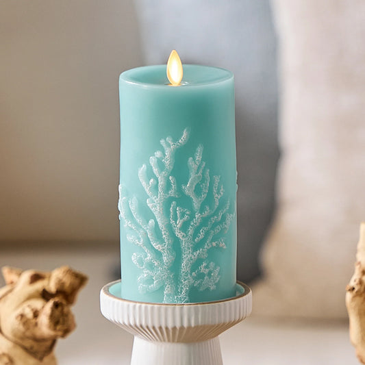 Soft Teal Embossed Coral Flameless Candle Pillar
