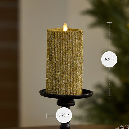 Rich Gold Glitter Ribbed Flameless Candle Pillar