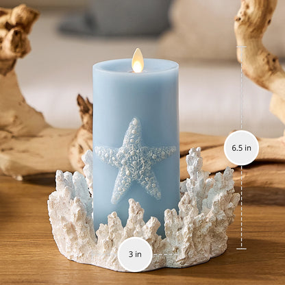Soft Chambray Embossed Starfish Flameless Candle Pillar