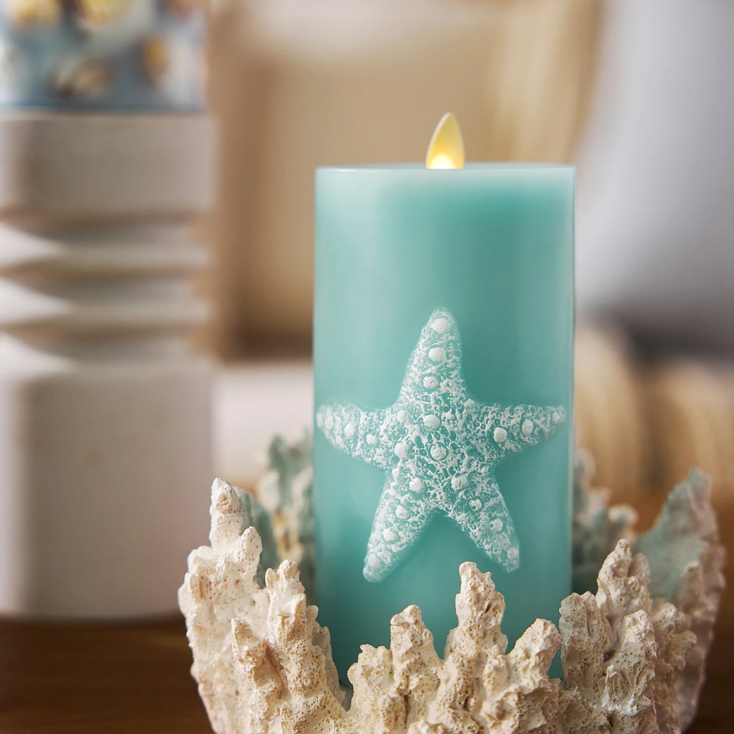 Soft Teal Embossed Starfish Flameless Candle Pillar