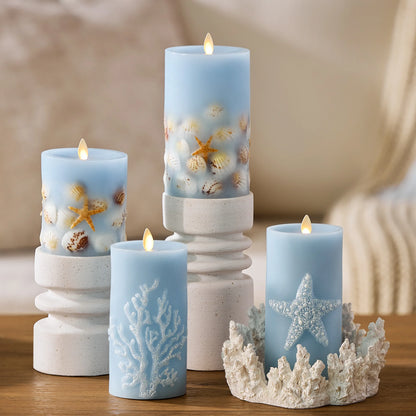 Soft Chambray Embossed Coral Flameless Candle Pillar