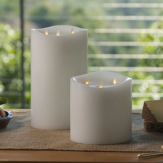 White Flameless Candle Tri-Flame Grand Pillar - Melted Top