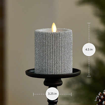 Brilliant Silver Glitter Ribbed Flameless Candle Pillar