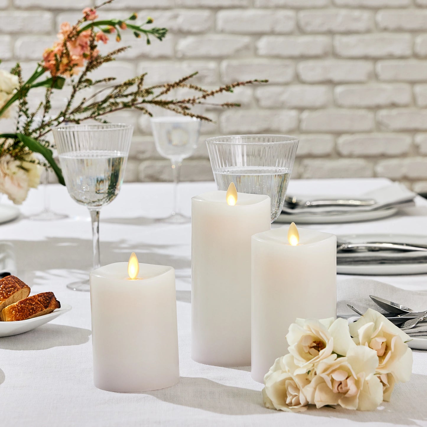 White Flameless Candle Pillars with Remote - Melted Top - Set of 3
