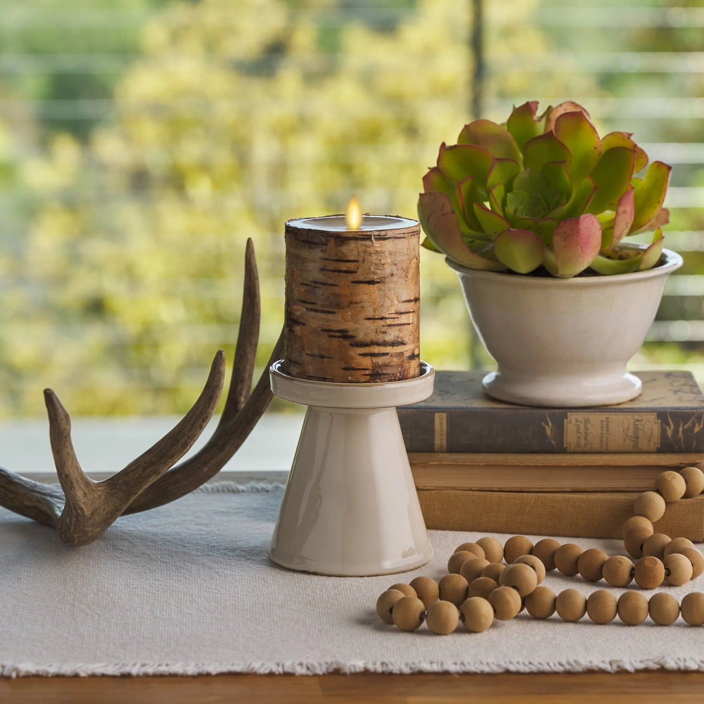 Real Birch Wood Flameless Candle Pillar - Recessed Top - 3.5" Width
