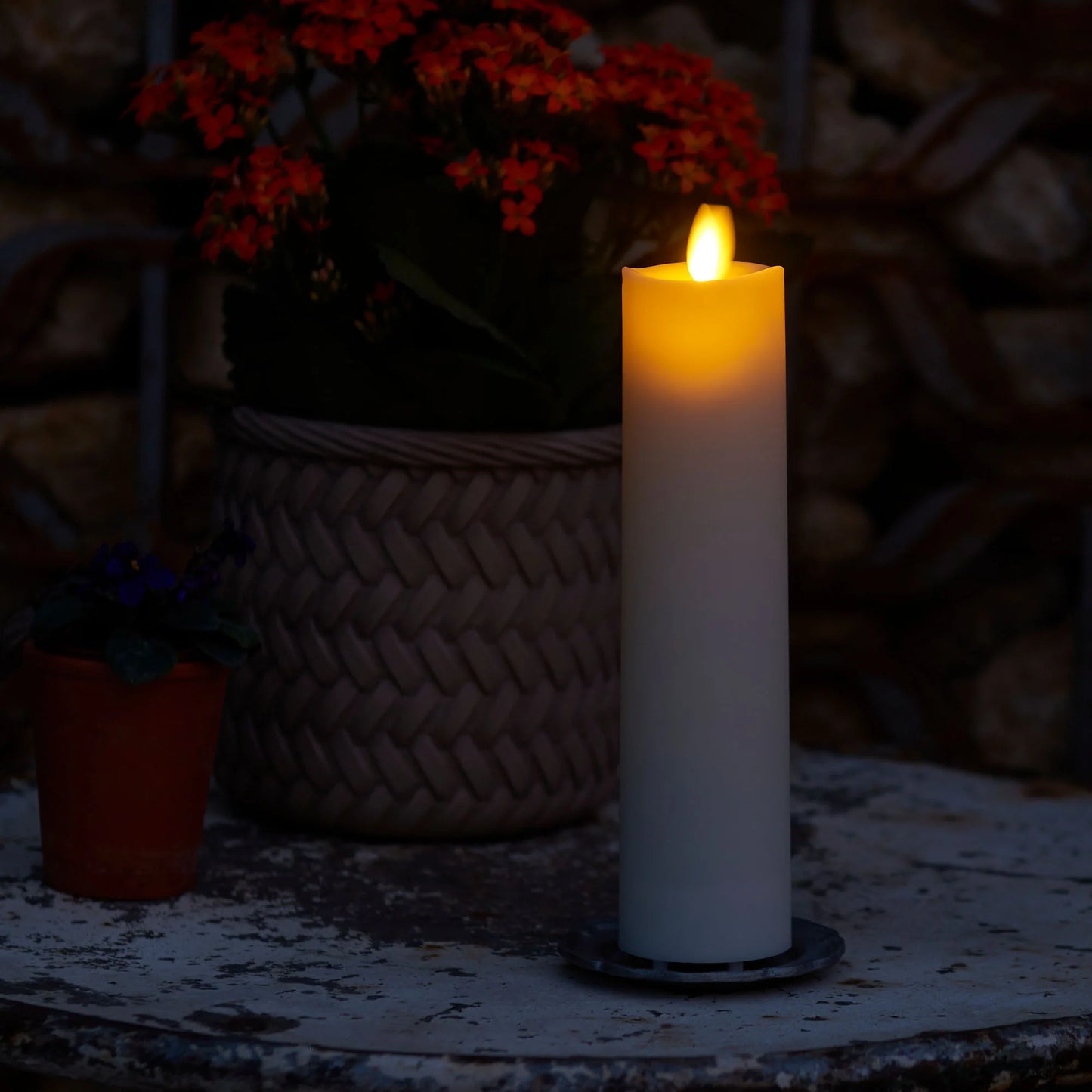 Pearl Ivory Outdoor Flameless Candle Slim Pillar - Melted Top - 2" Width