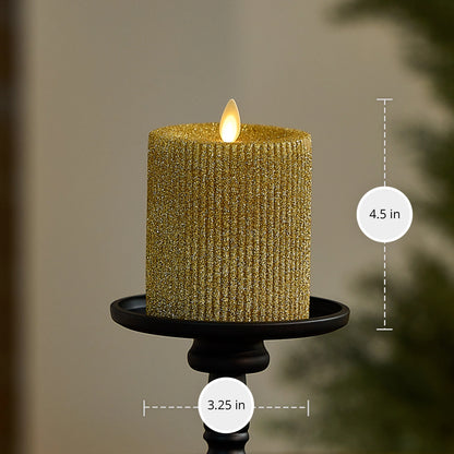 Rich Gold Glitter Ribbed Flameless Candle Pillar