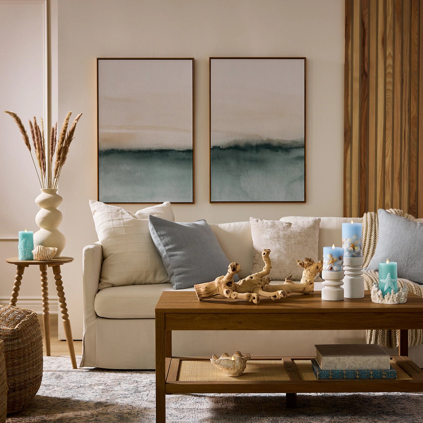 Soft Teal Embedded Seashell & Starfish Flameless Candle Pillar